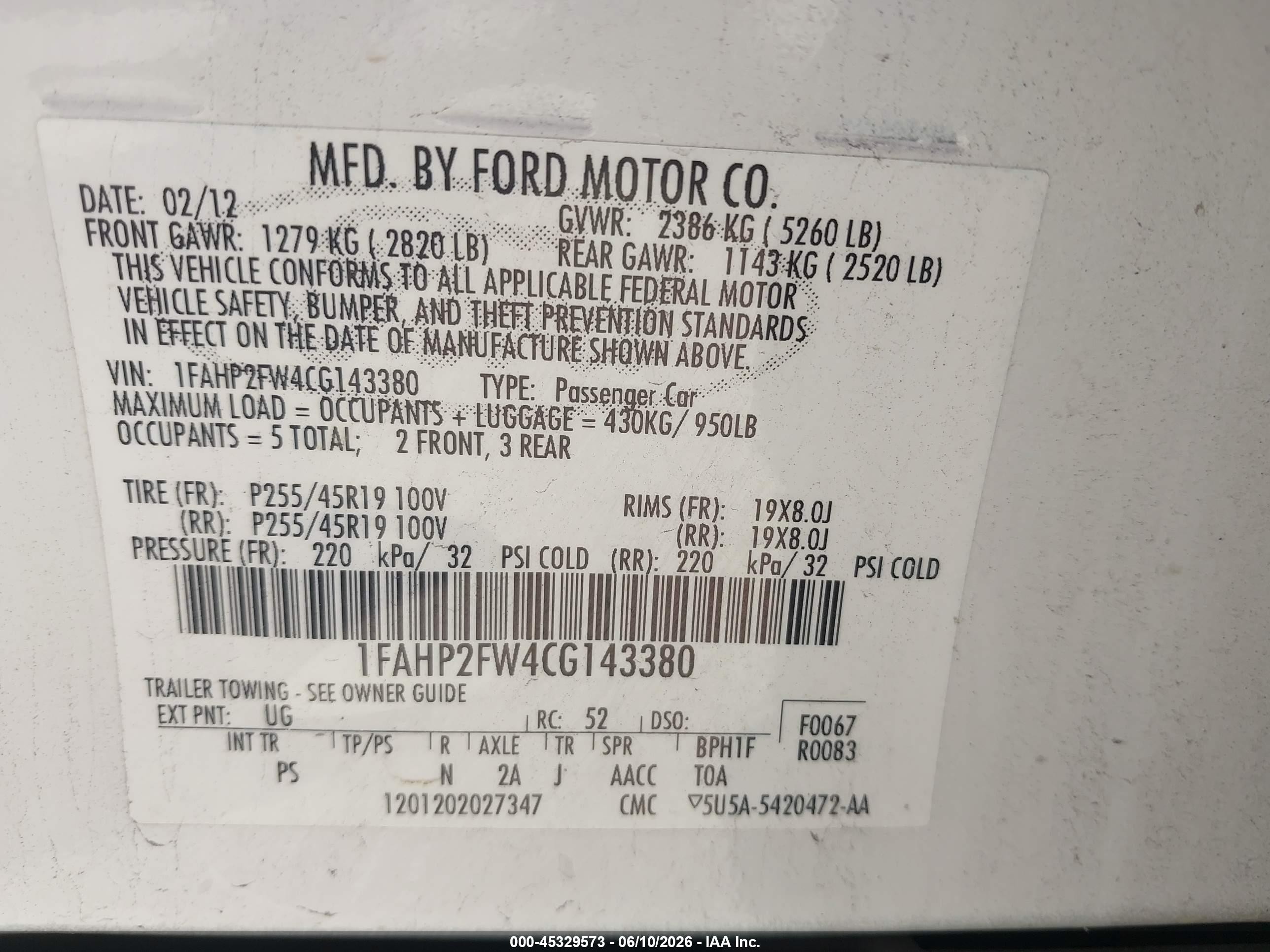 2012 Ford Taurus Limited White vin: 1FAHP2FW4CG143380
