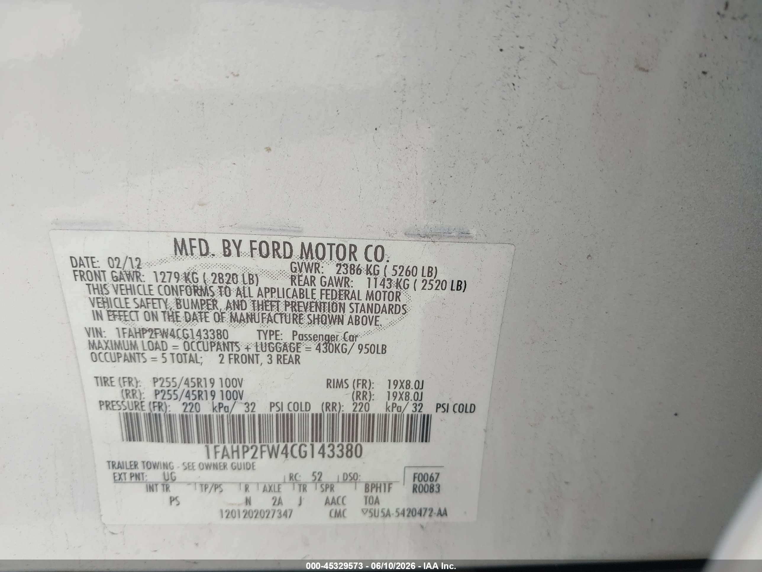 2012 Ford Taurus Limited White vin: 1FAHP2FW4CG143380