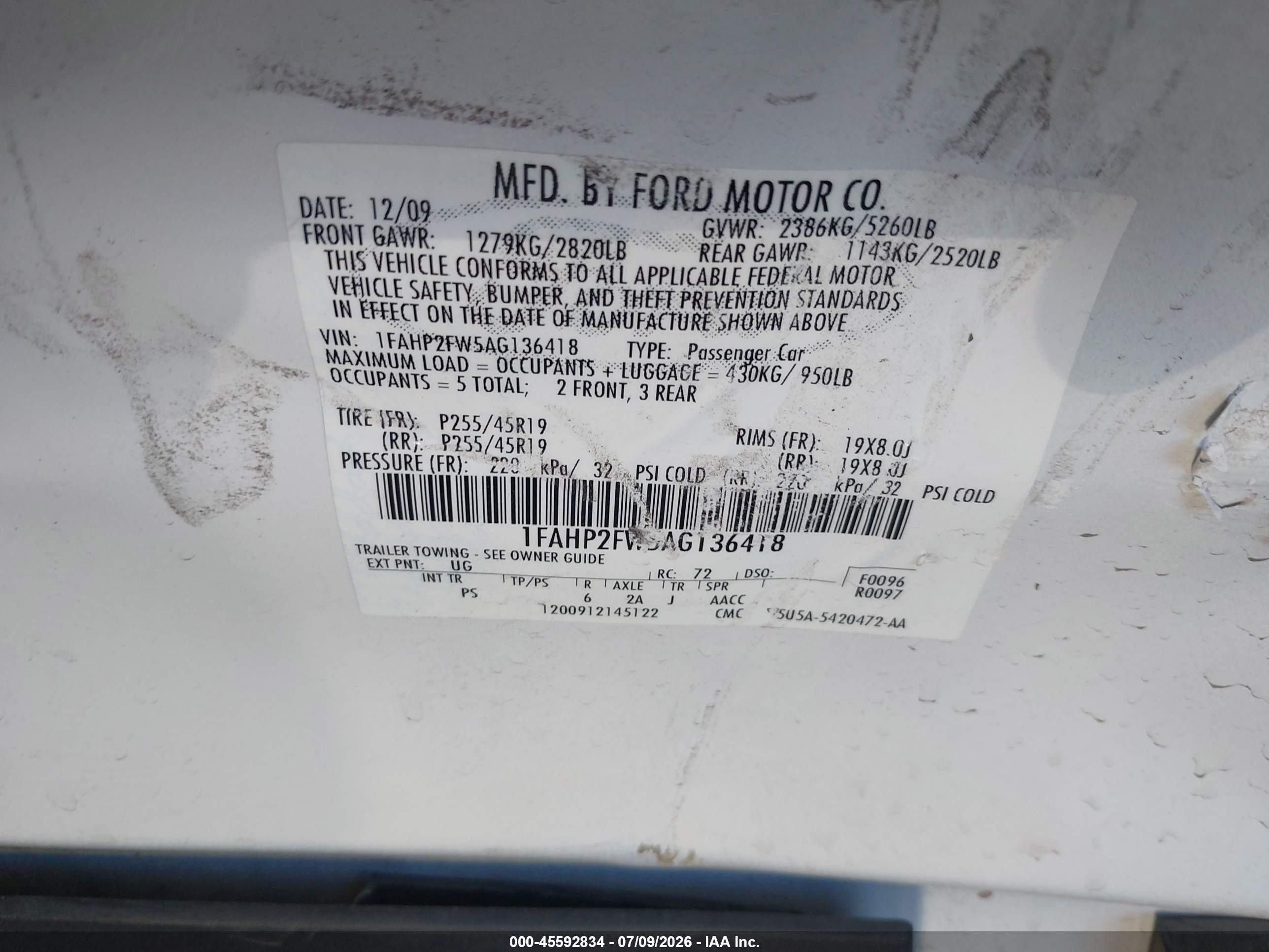 2010 Ford Taurus Limited Белый vin: 1FAHP2FW5AG136418
