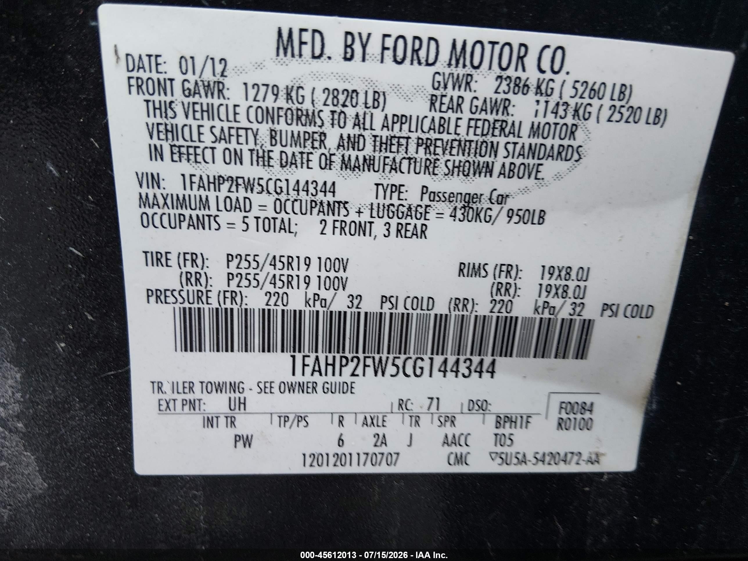 2012 Ford Taurus Limited Black vin: 1FAHP2FW5CG144344