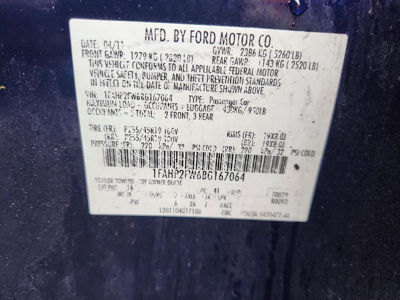 2011 Ford Taurus Limited Blue vin: 1FAHP2FW6BG167064