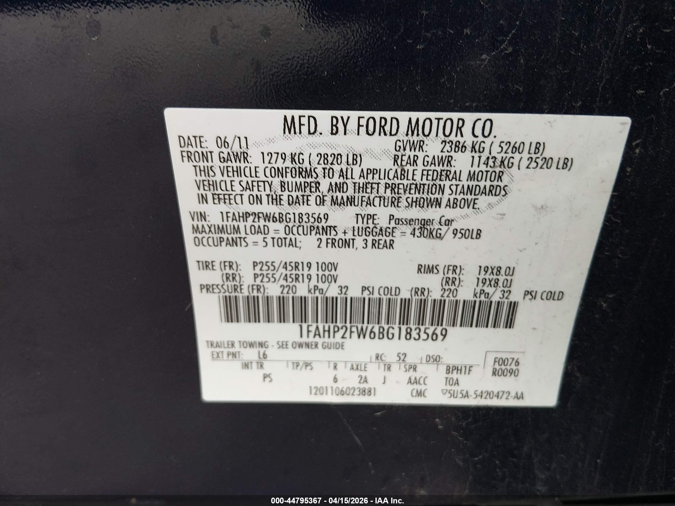 2011 Ford Taurus Limited Синий vin: 1FAHP2FW6BG183569