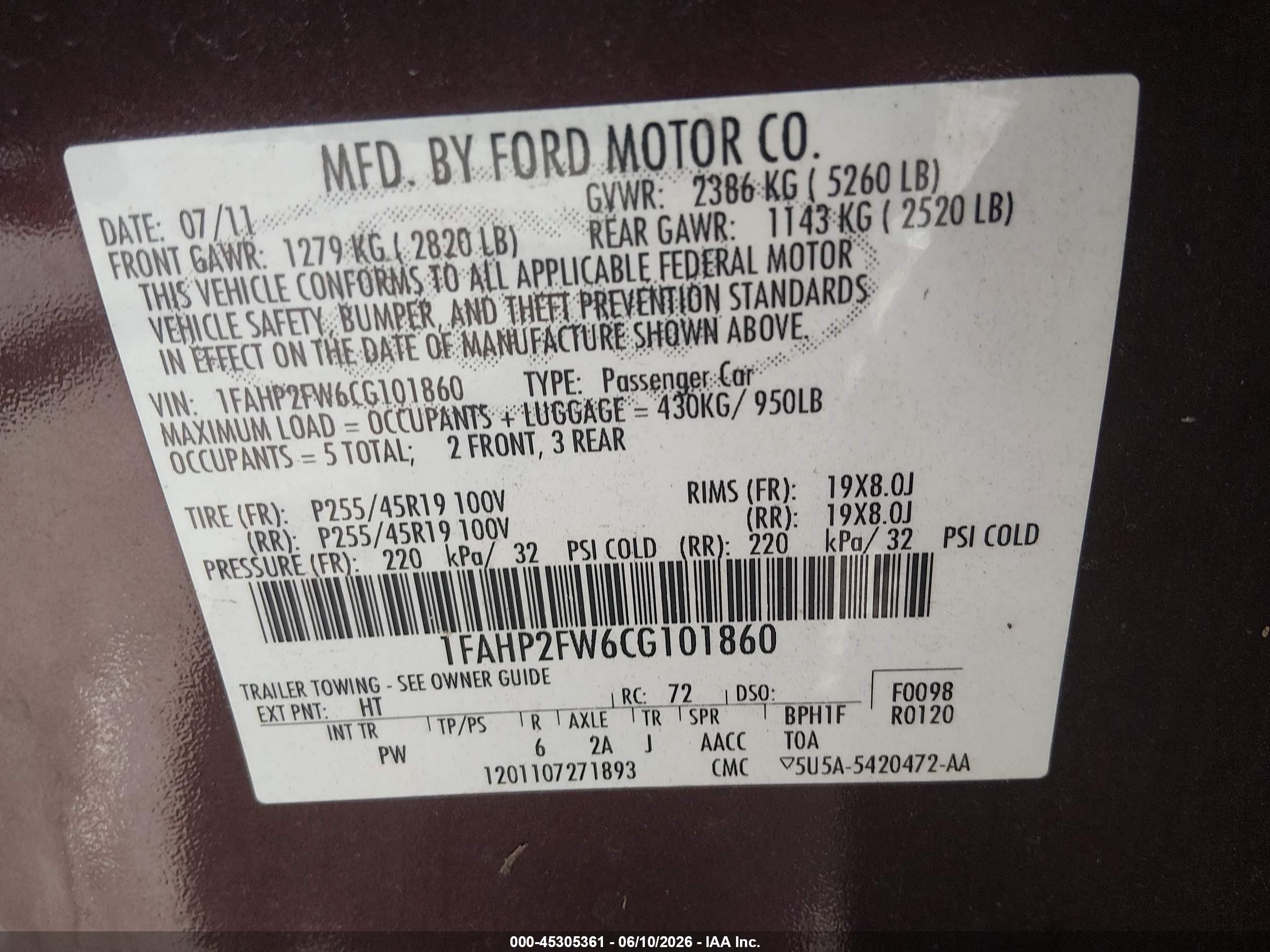 2012 Ford Taurus Limited Burgundy vin: 1FAHP2FW6CG101860