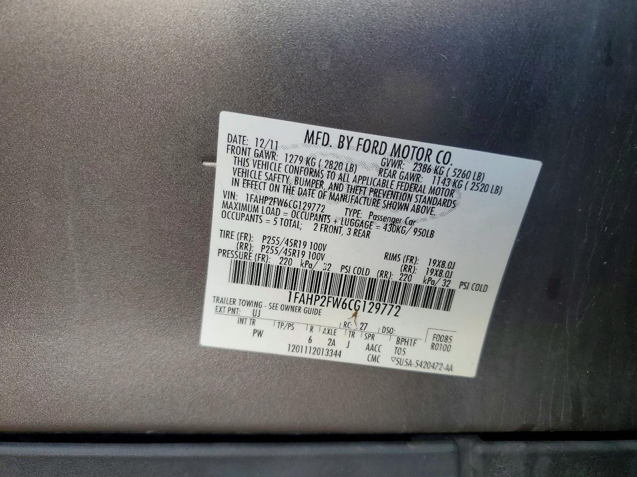 2012 Ford Taurus Limited Gray vin: 1FAHP2FW6CG129772