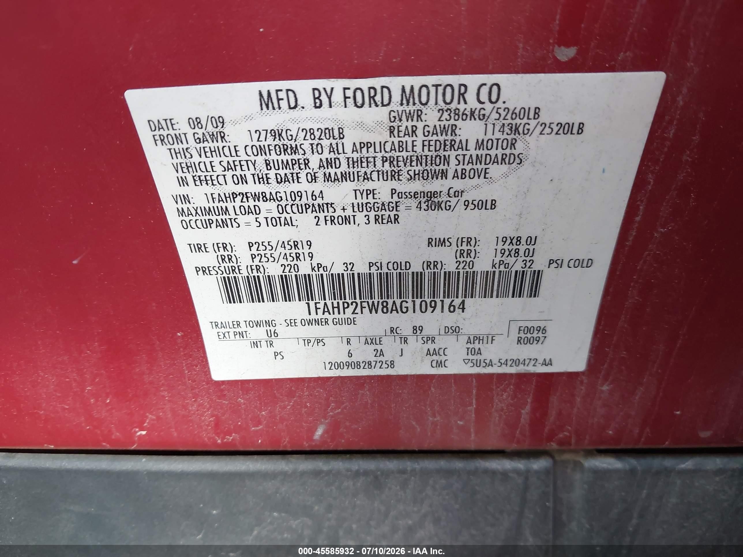 2010 Ford Taurus Limited Red vin: 1FAHP2FW8AG109164