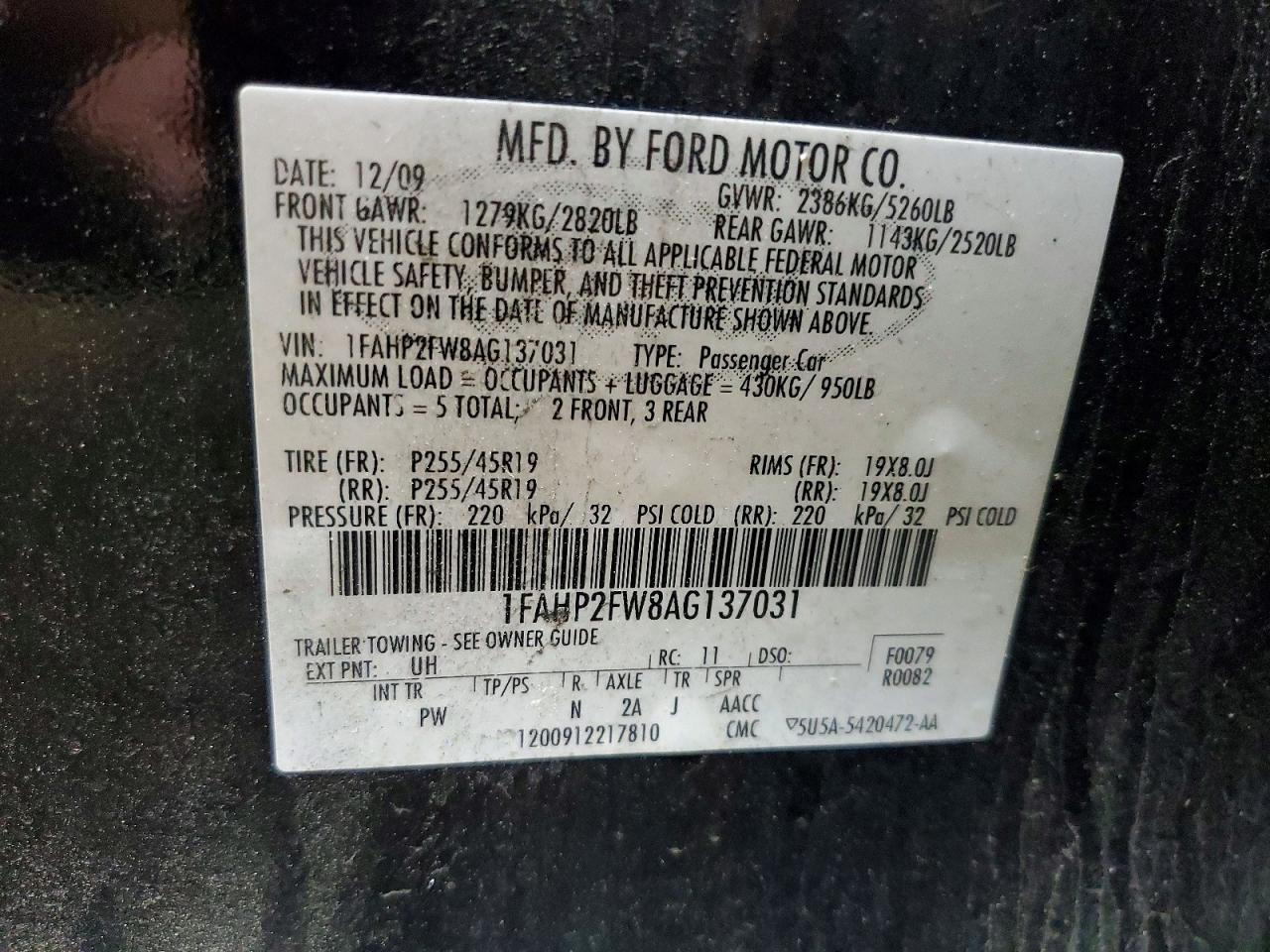 2010 Ford Taurus Limited Black vin: 1FAHP2FW8AG137031