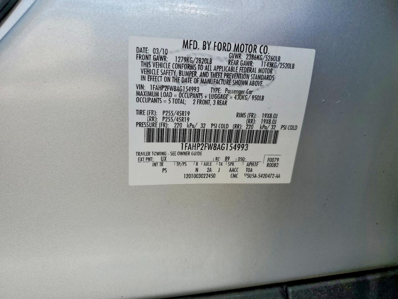 2010 Ford Taurus Limited Silver vin: 1FAHP2FW8AG154993