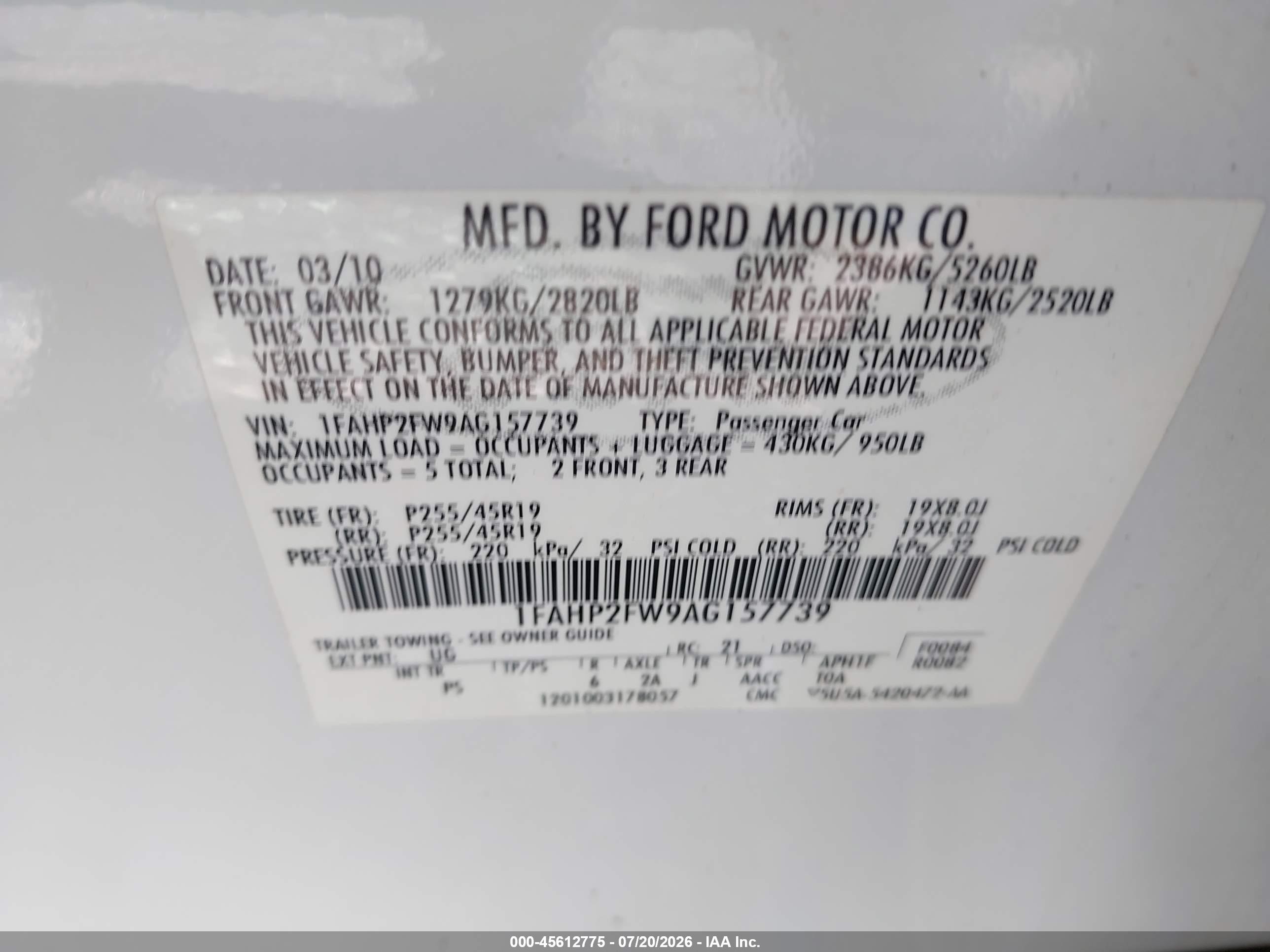 2010 Ford Taurus Limited White vin: 1FAHP2FW9AG157739