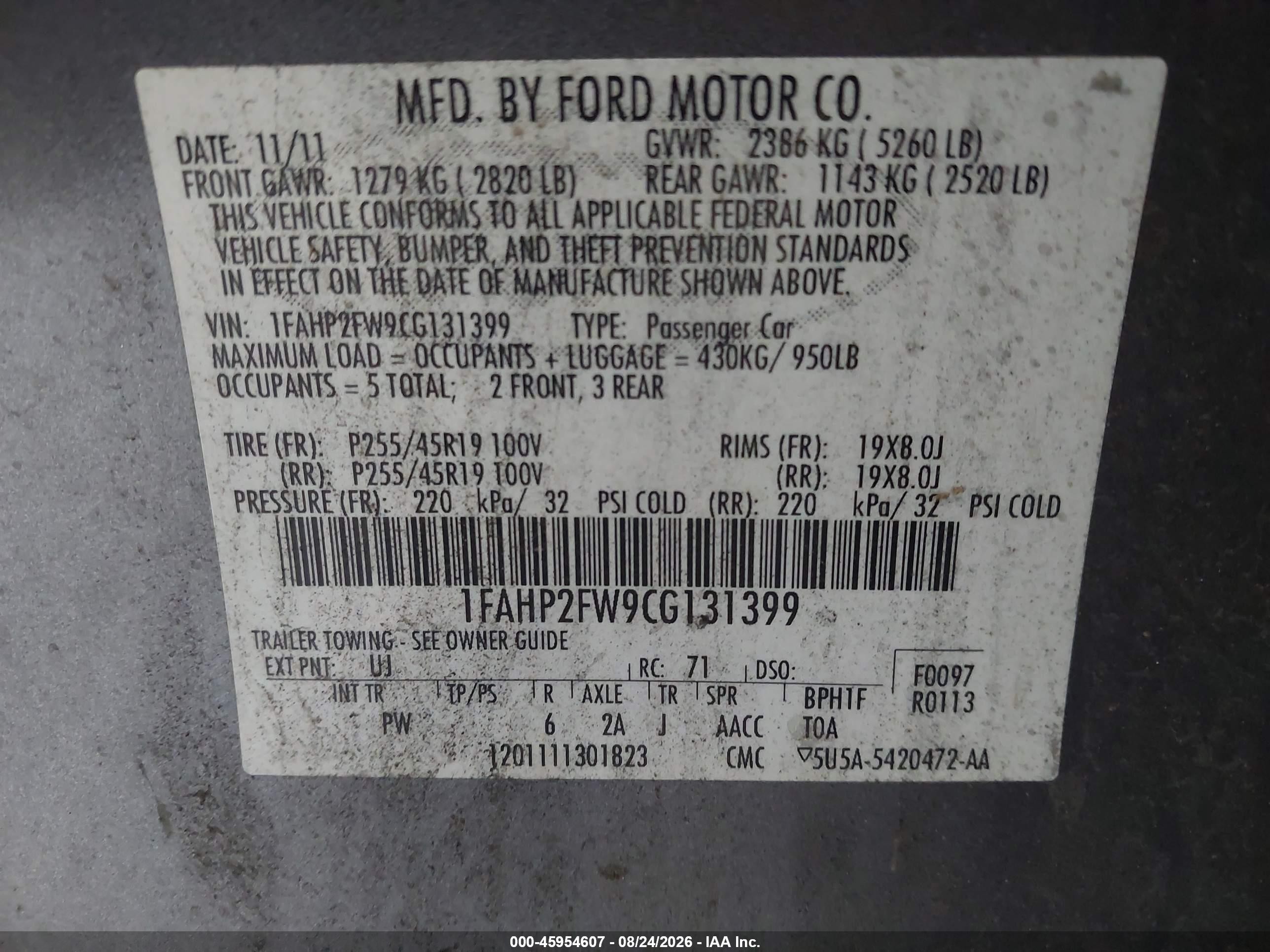2012 Ford Taurus Limited Gray vin: 1FAHP2FW9CG131399