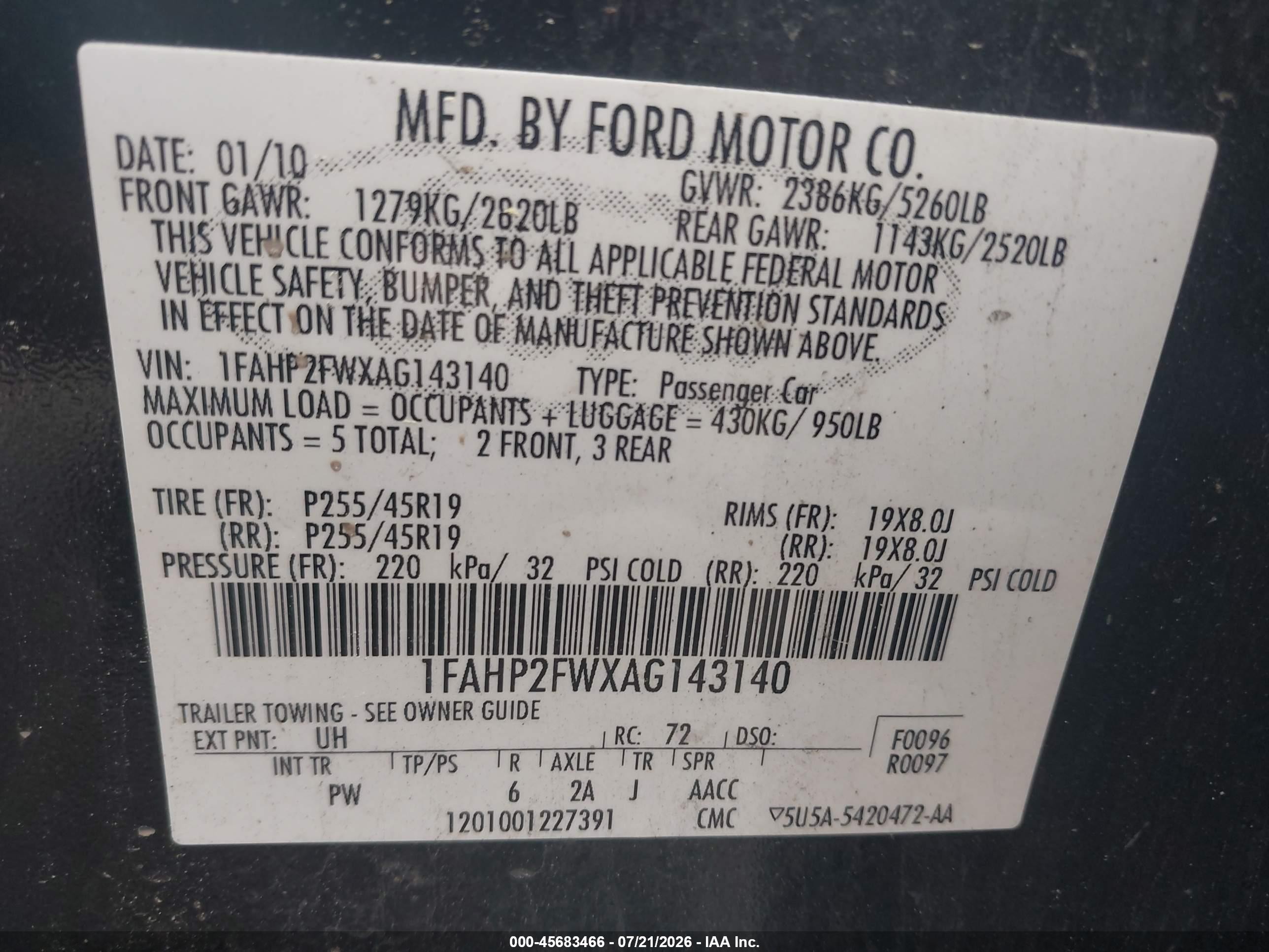 2010 Ford Taurus Limited Black vin: 1FAHP2FWXAG143140