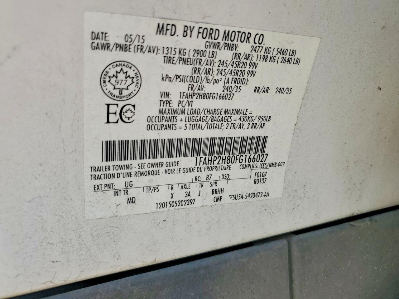 2015 Ford Taurus Sel White vin: 1FAHP2H80FG166027