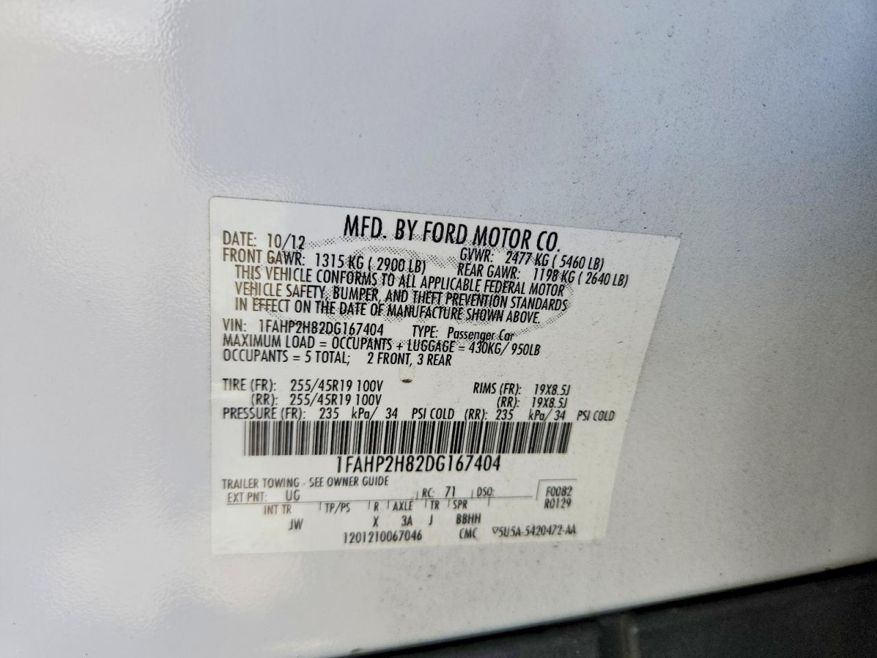 2013 Ford Taurus Sel White vin: 1FAHP2H82DG167404