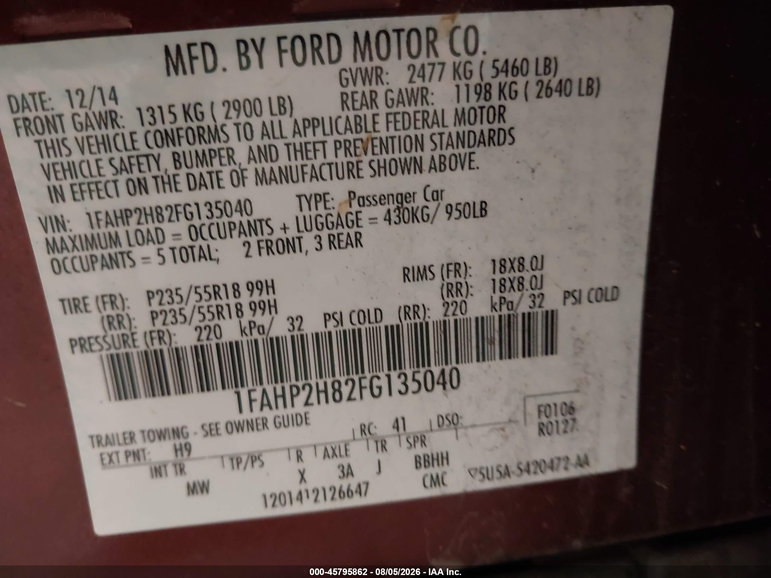 2015 Ford Taurus Sel Burgundy vin: 1FAHP2H82FG135040