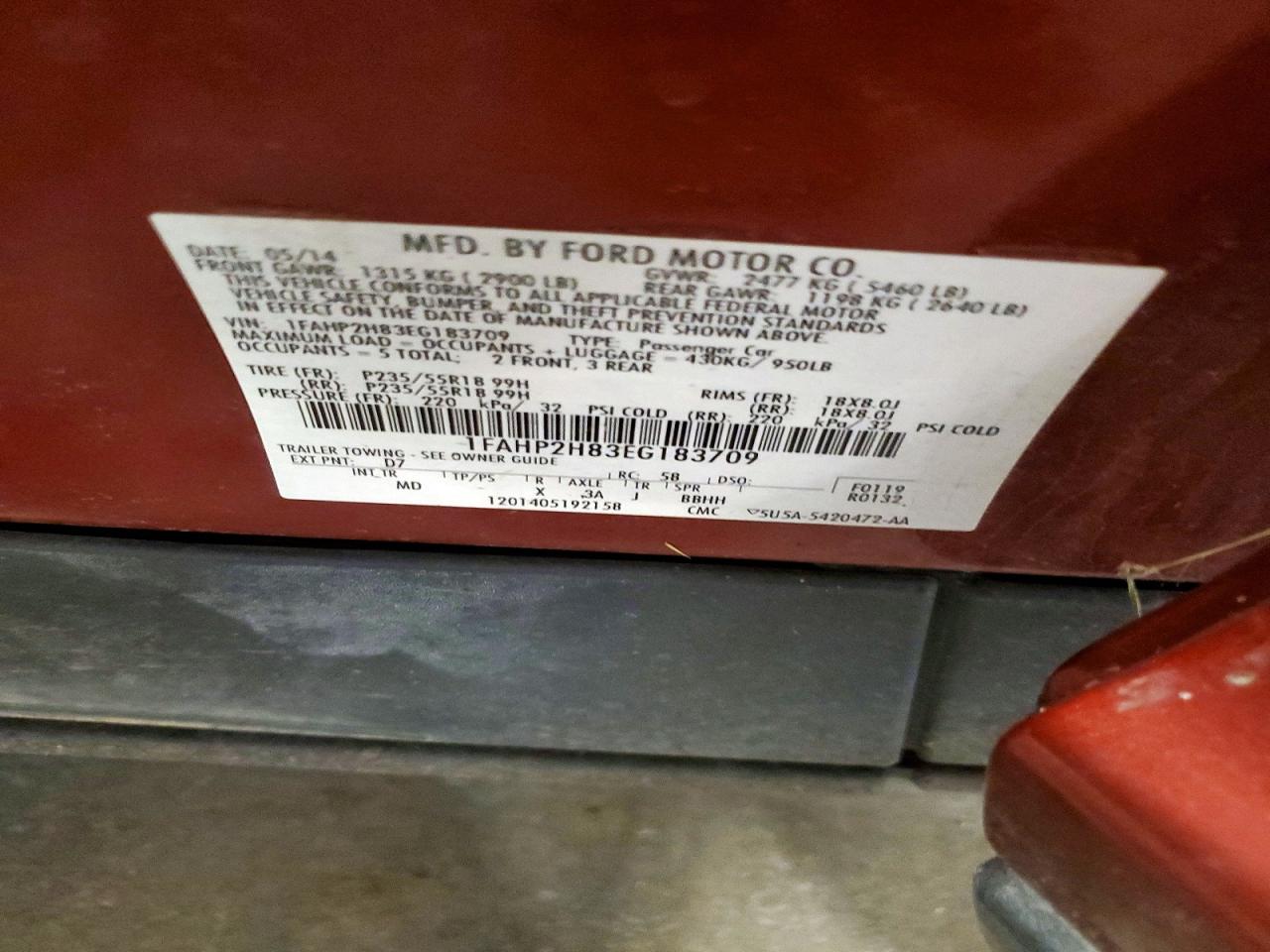 2014 Ford Taurus Sel Red vin: 1FAHP2H83EG183709