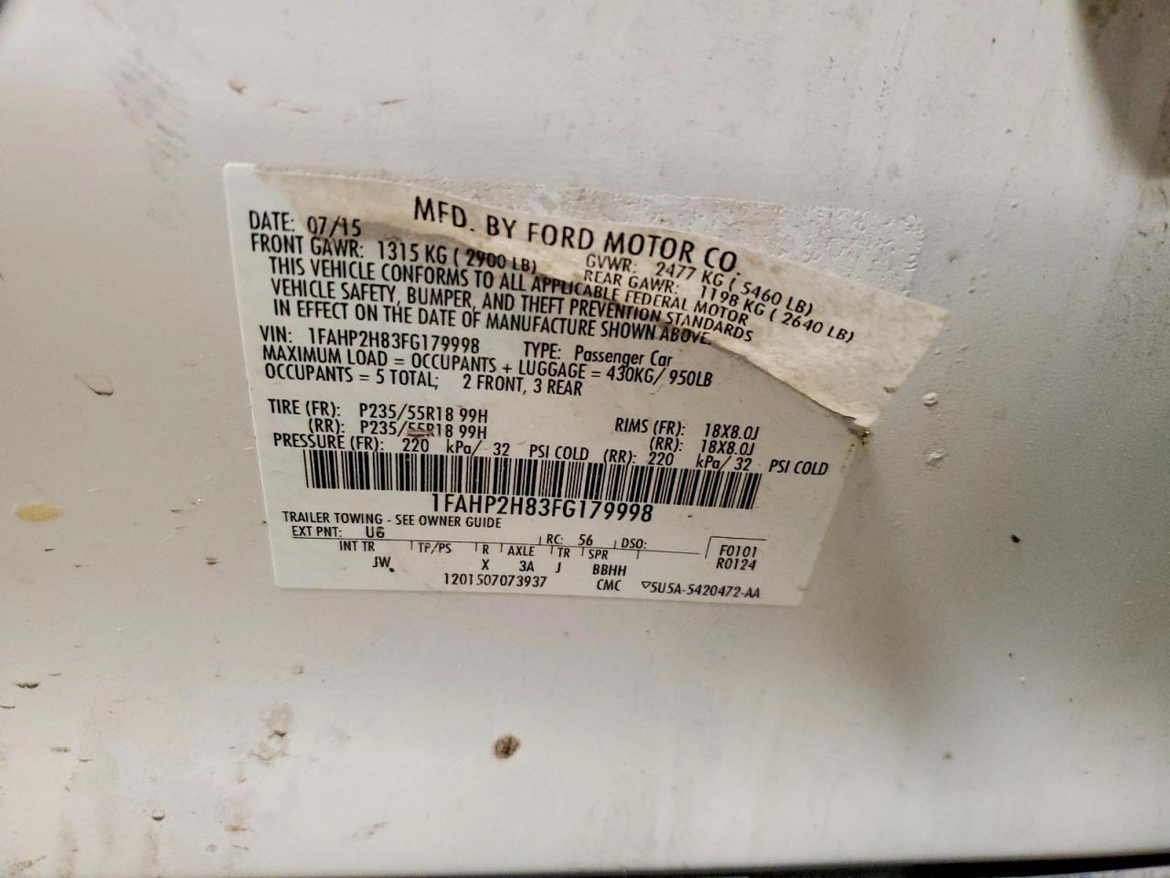 2015 Ford Taurus Sel White vin: 1FAHP2H83FG179998