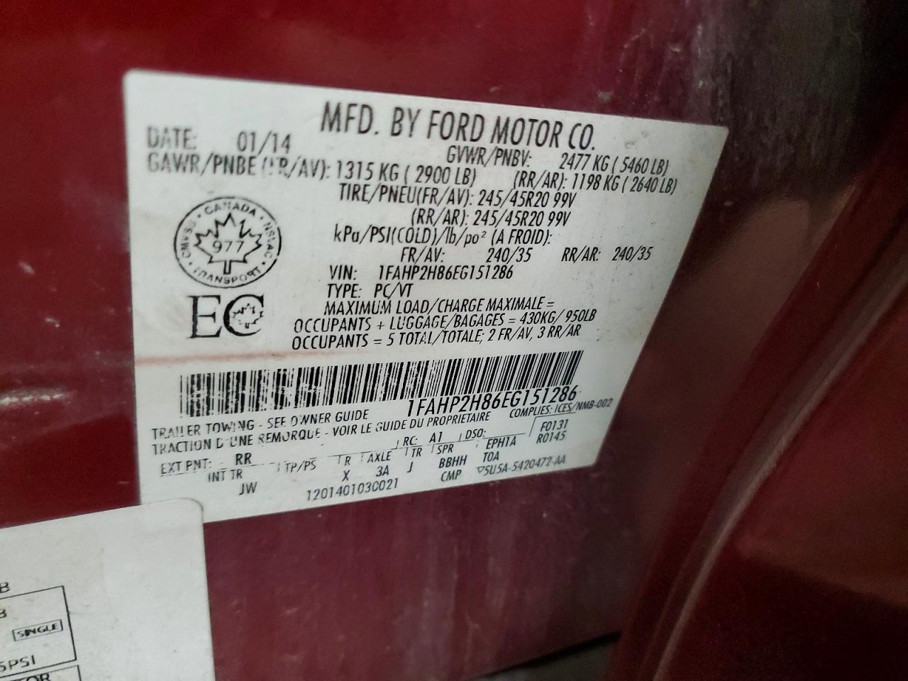 2014 Ford Taurus Sel Red vin: 1FAHP2H86EG151286