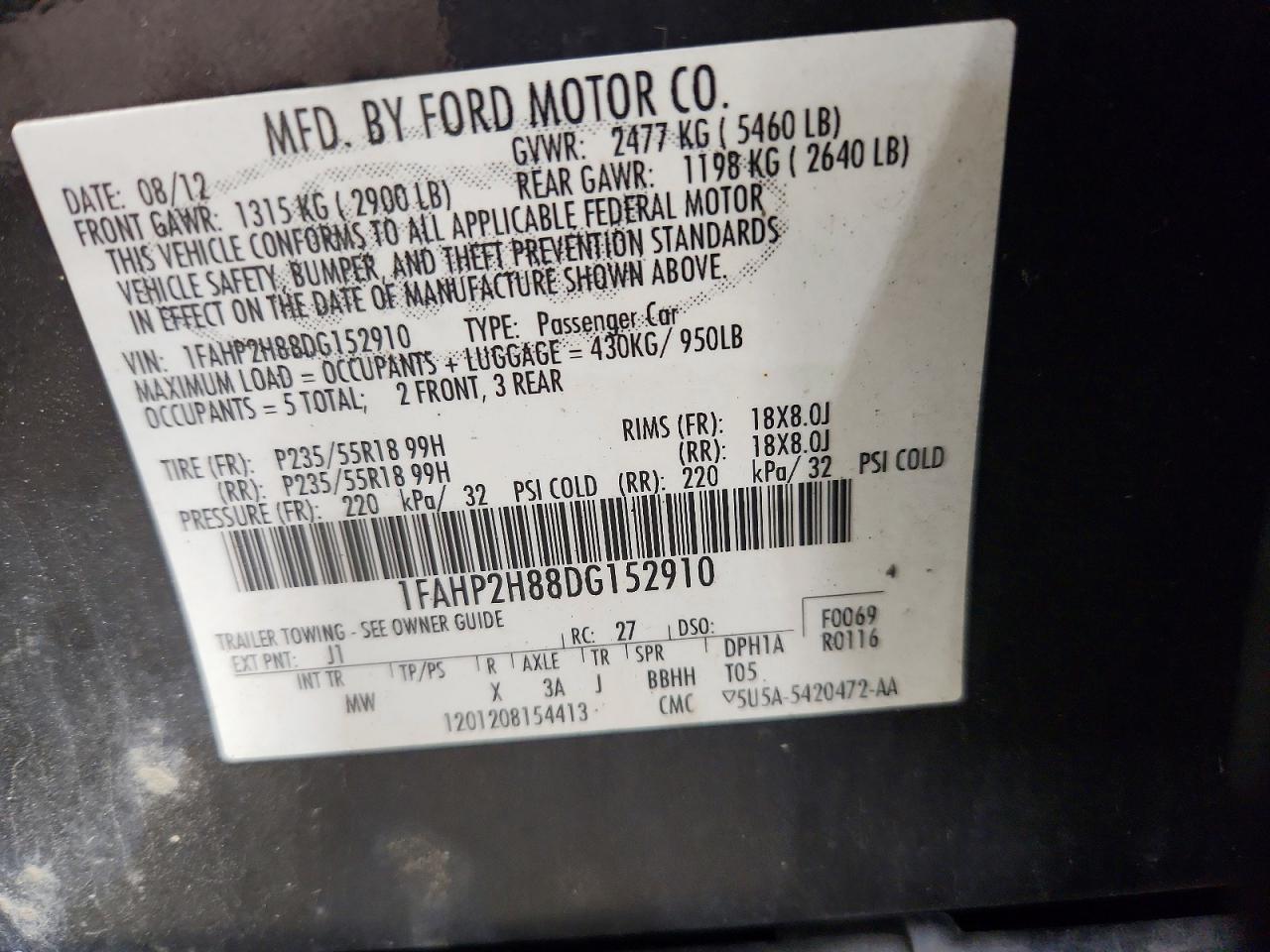 2013 Ford Taurus Sel Black vin: 1FAHP2H88DG152910