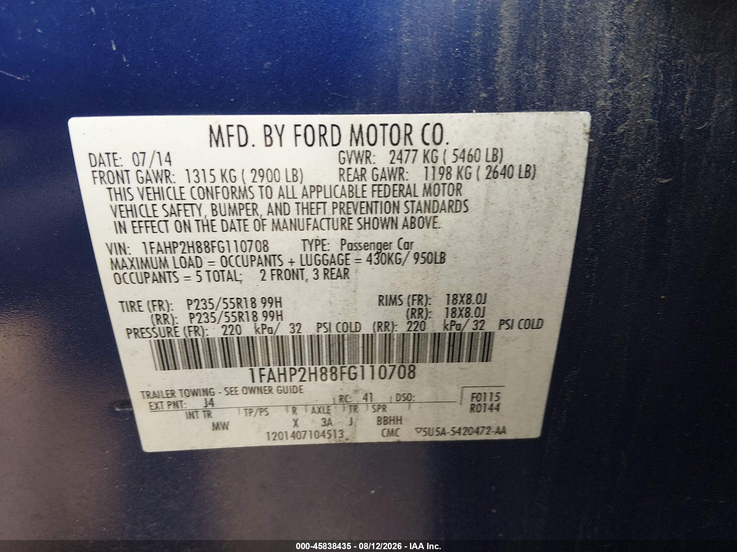 2015 Ford Taurus Sel Blue vin: 1FAHP2H88FG110708
