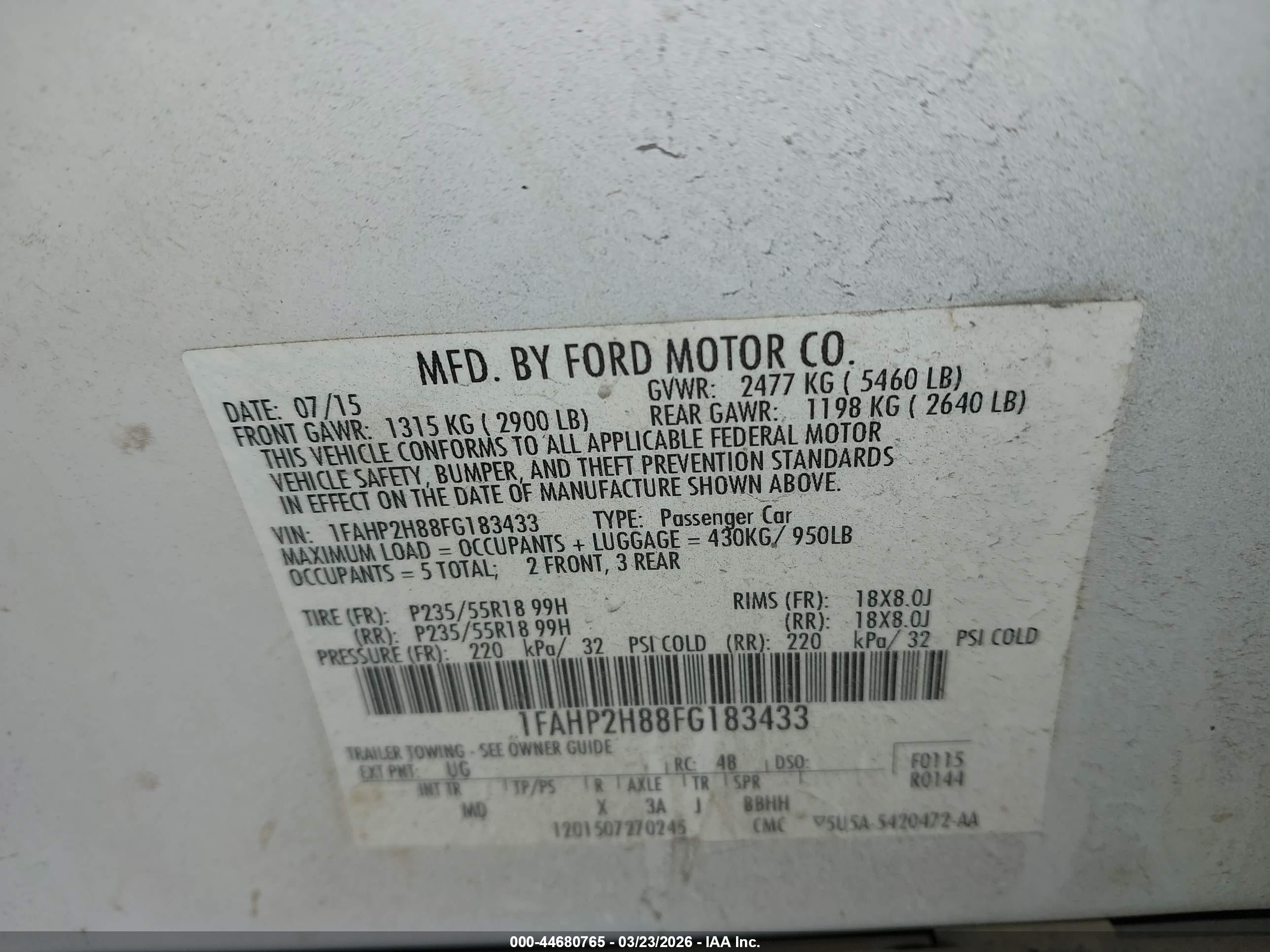 2015 Ford Taurus Sel White vin: 1FAHP2H88FG183433