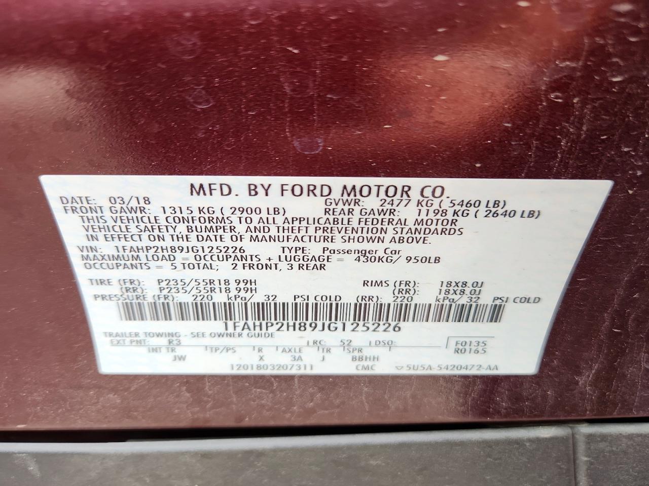 2018 Ford Taurus Sel Maroon vin: 1FAHP2H89JG125226