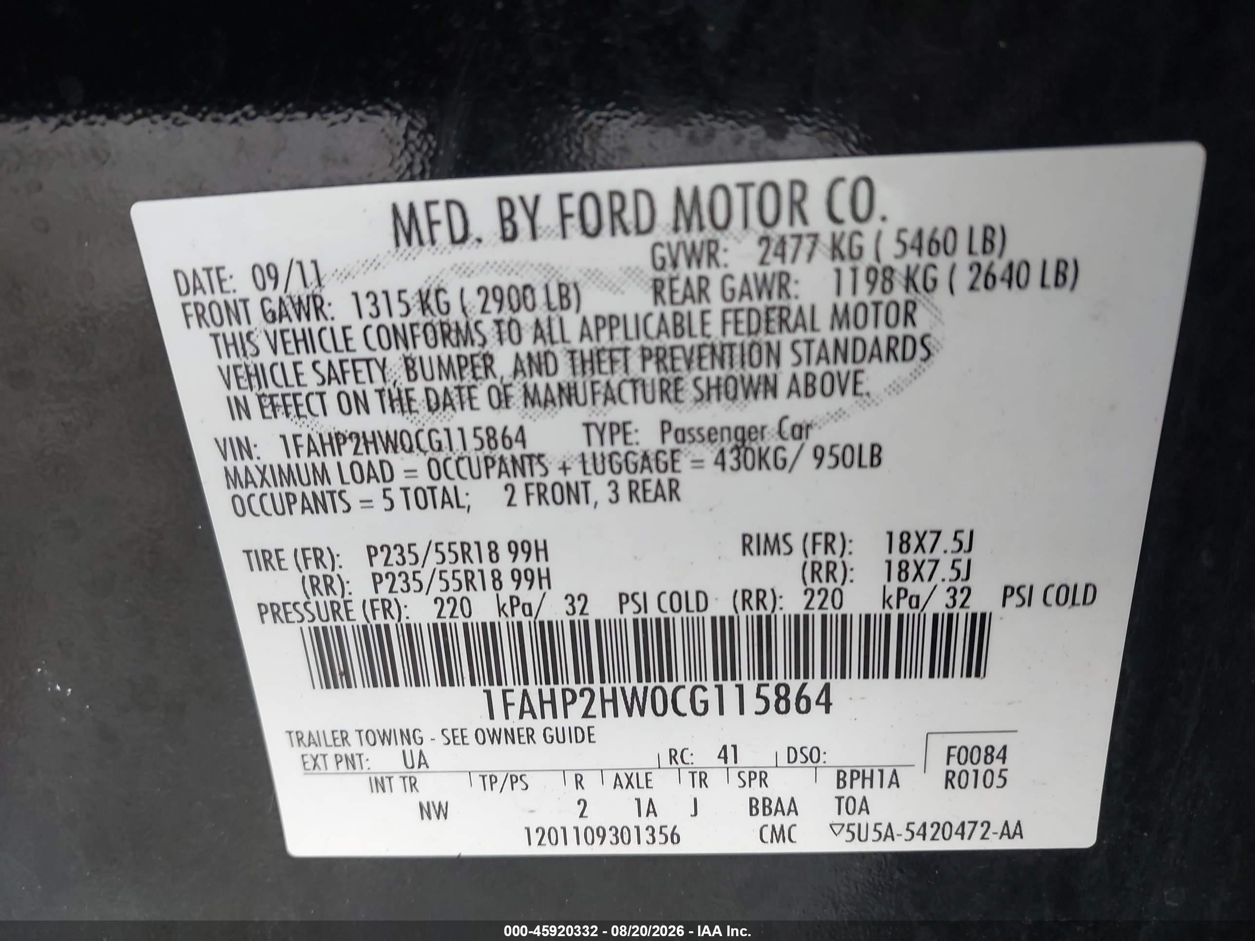 2012 Ford Taurus Sel Black vin: 1FAHP2HW0CG115864