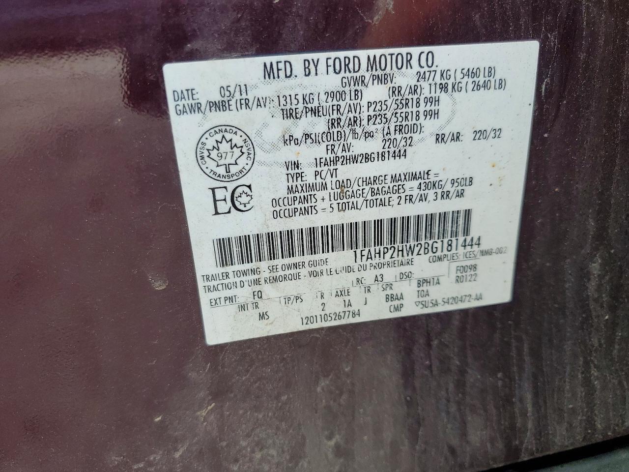 2011 Ford Taurus Sel Burgundy vin: 1FAHP2HW2BG181444
