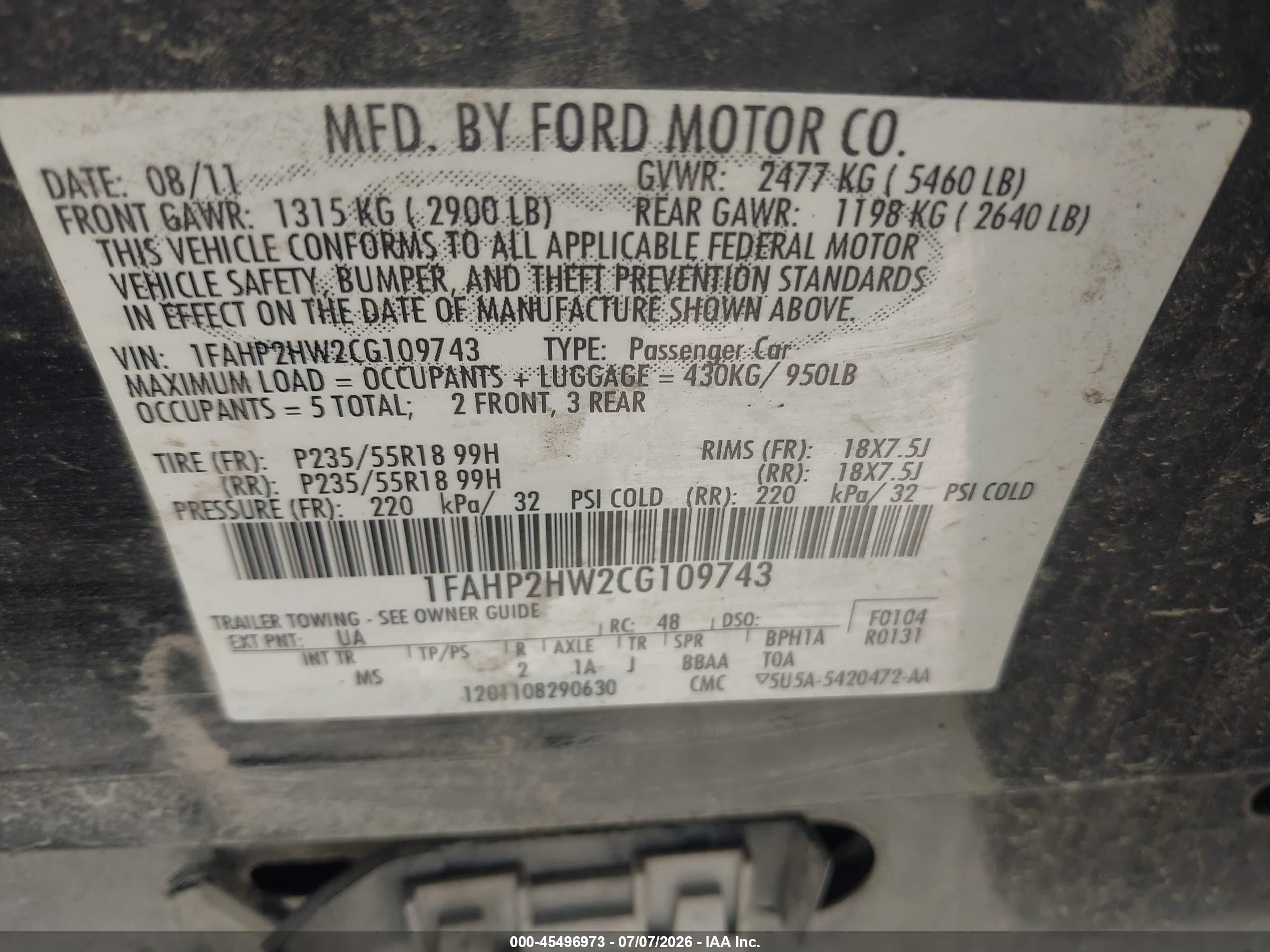 2012 Ford Taurus Sel Black vin: 1FAHP2HW2CG109743