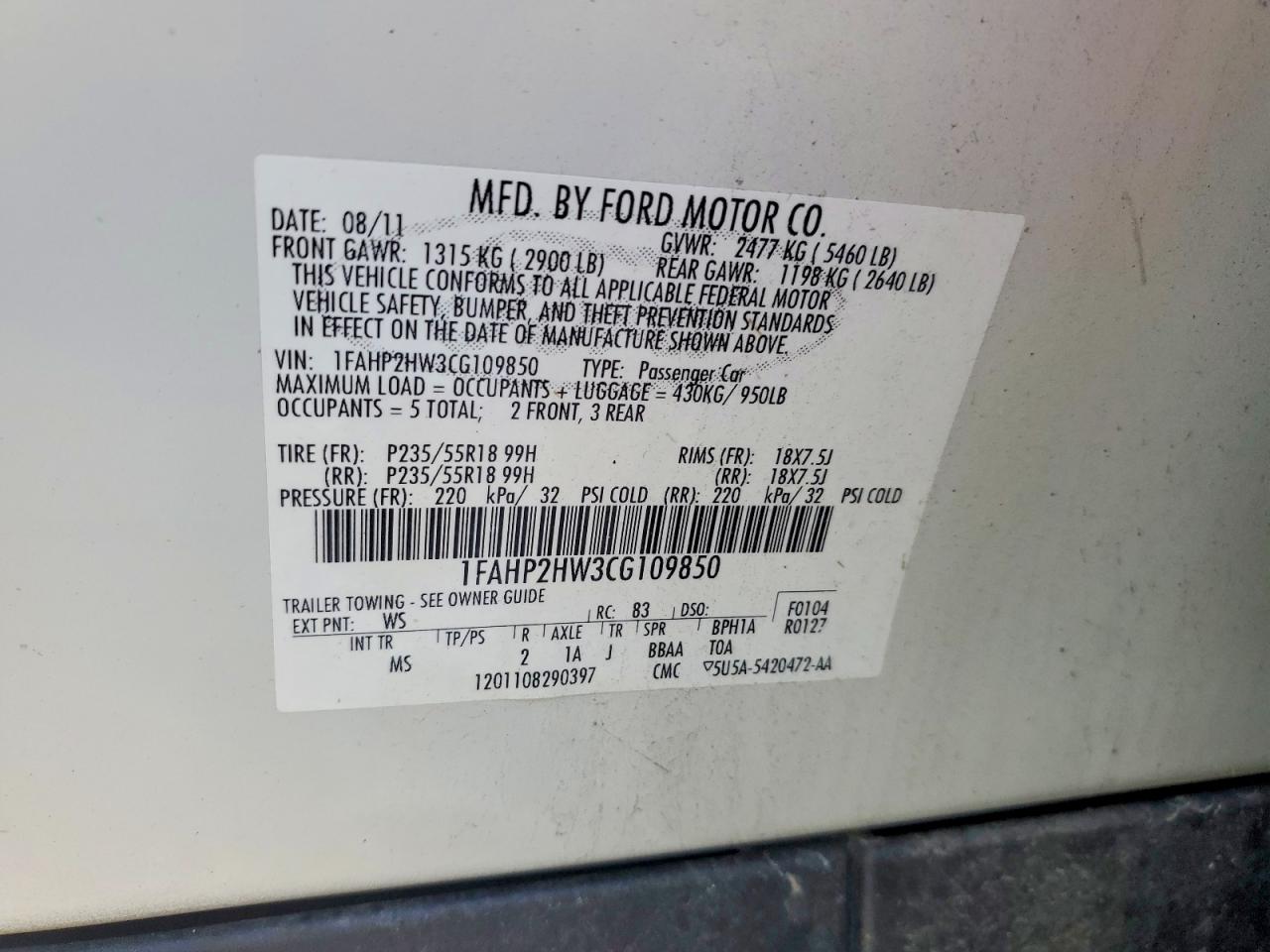 2012 Ford Taurus Sel White vin: 1FAHP2HW3CG109850