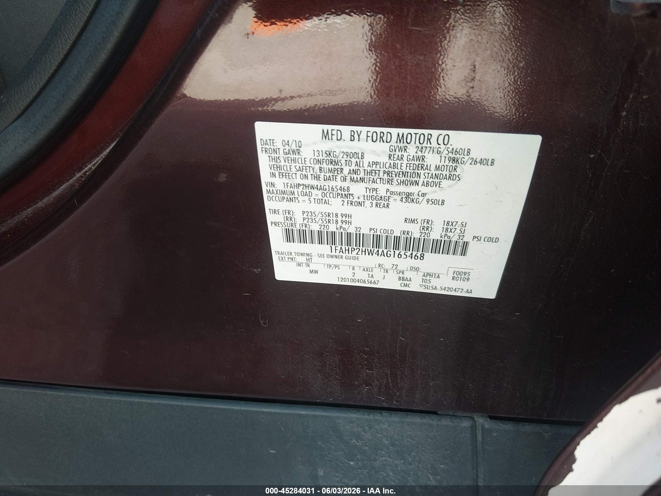 2010 Ford Taurus Sel Burgundy vin: 1FAHP2HW4AG165468