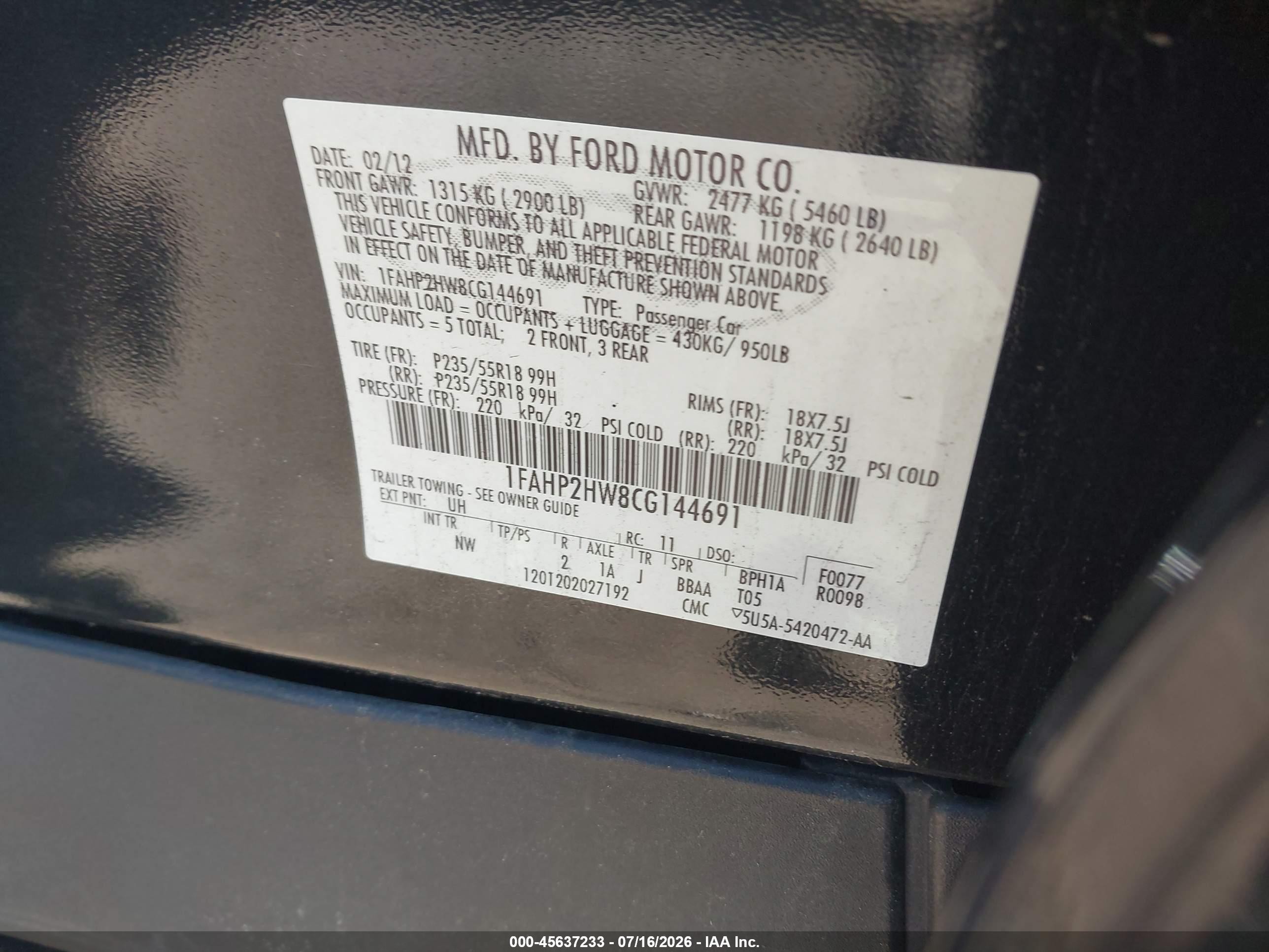 2012 Ford Taurus Sel Черный vin: 1FAHP2HW8CG144691