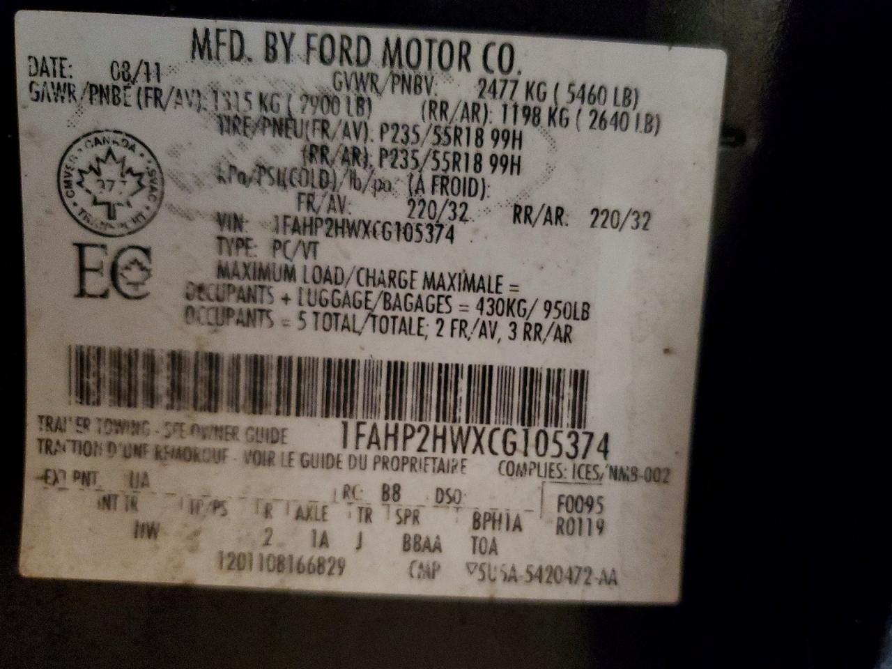 2012 Ford Taurus Sel Black vin: 1FAHP2HWXCG105374