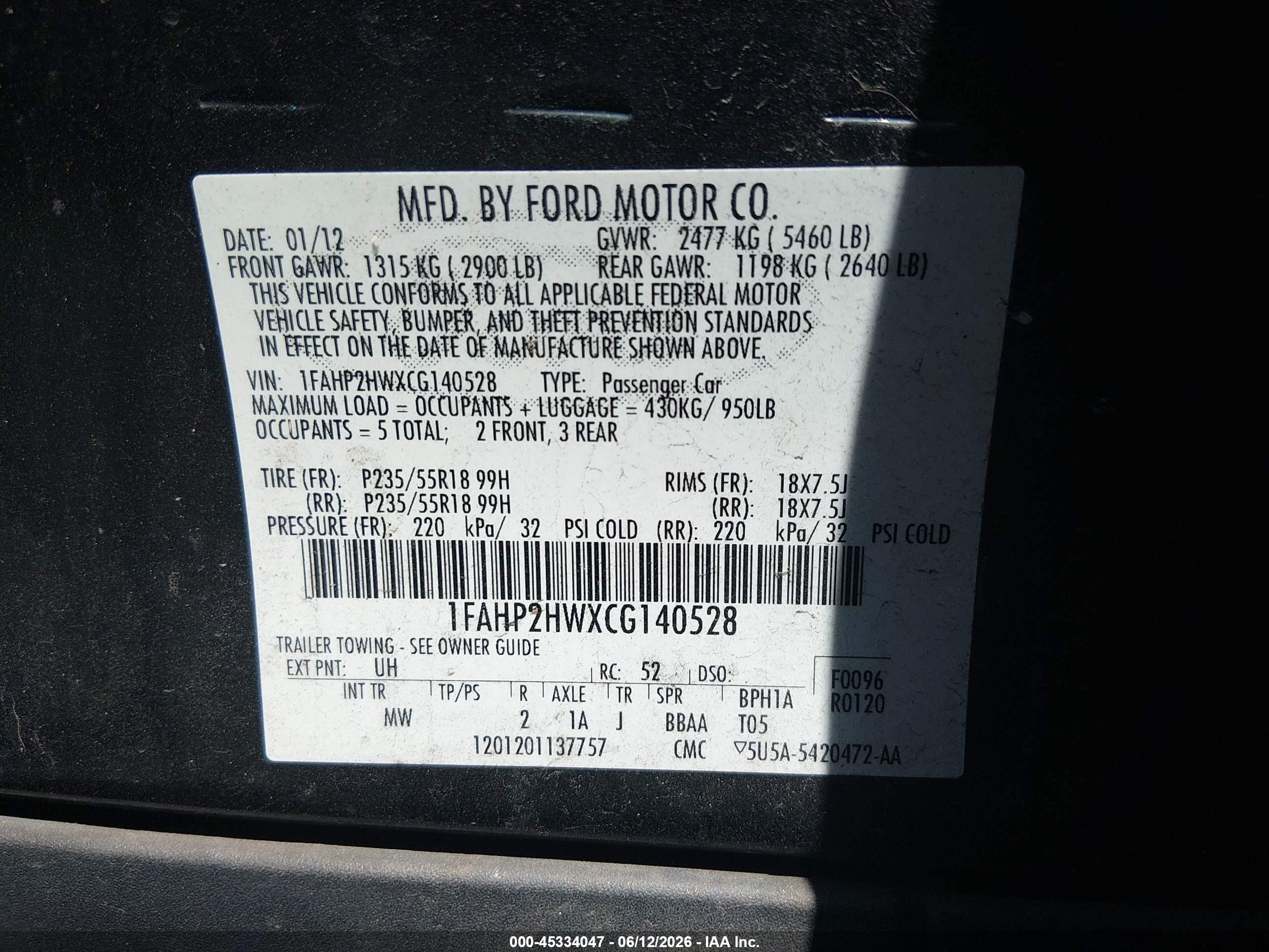 2012 Ford Taurus Sel Black vin: 1FAHP2HWXCG140528