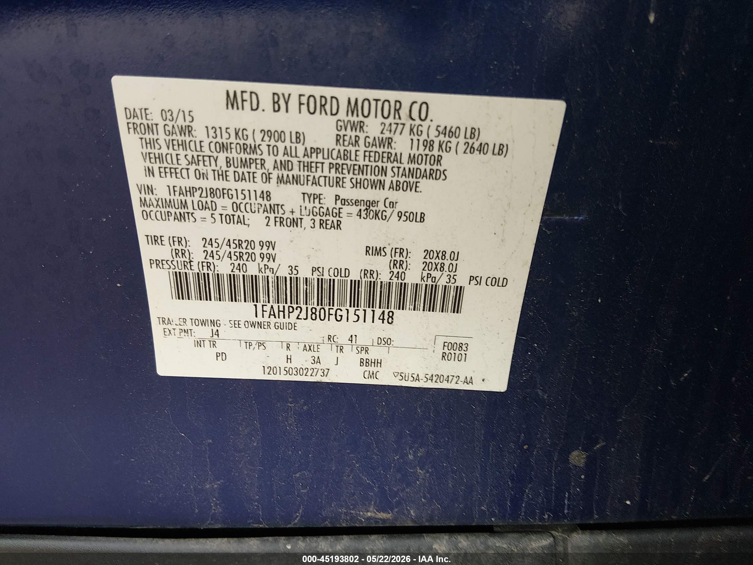 2015 Ford Taurus Limited Blue vin: 1FAHP2J80FG151148
