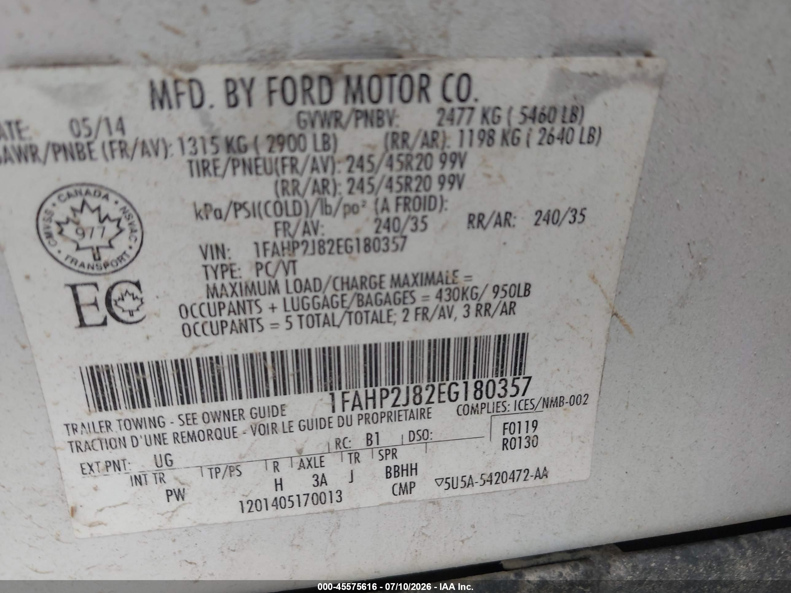 2014 Ford Taurus Limited Белый vin: 1FAHP2J82EG180357