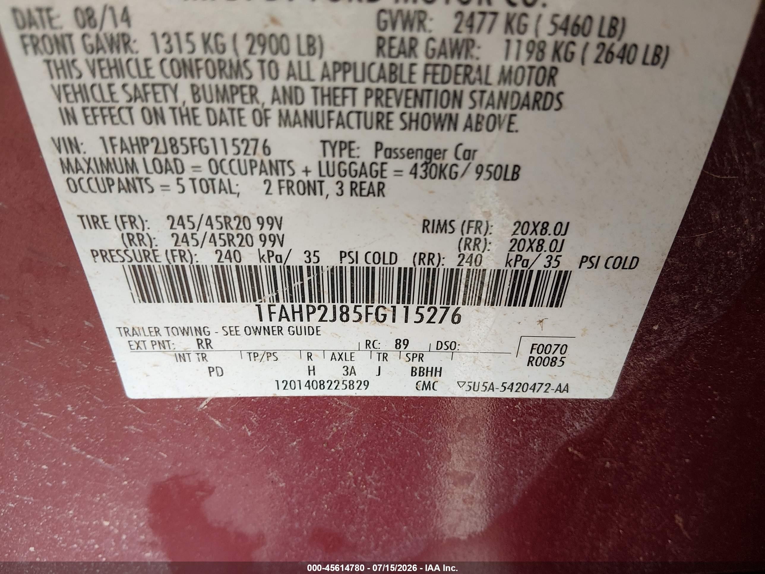 2015 Ford Taurus Limited Red vin: 1FAHP2J85FG115276