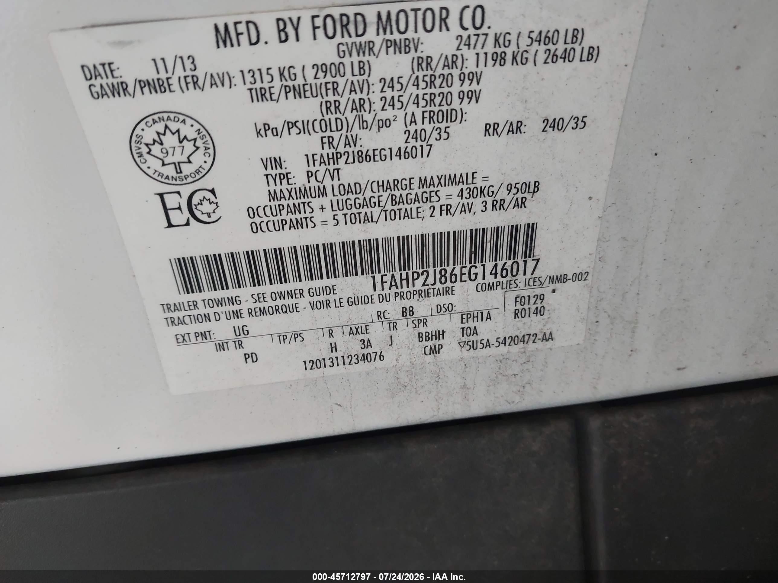 2014 Ford Taurus Limited White vin: 1FAHP2J86EG146017