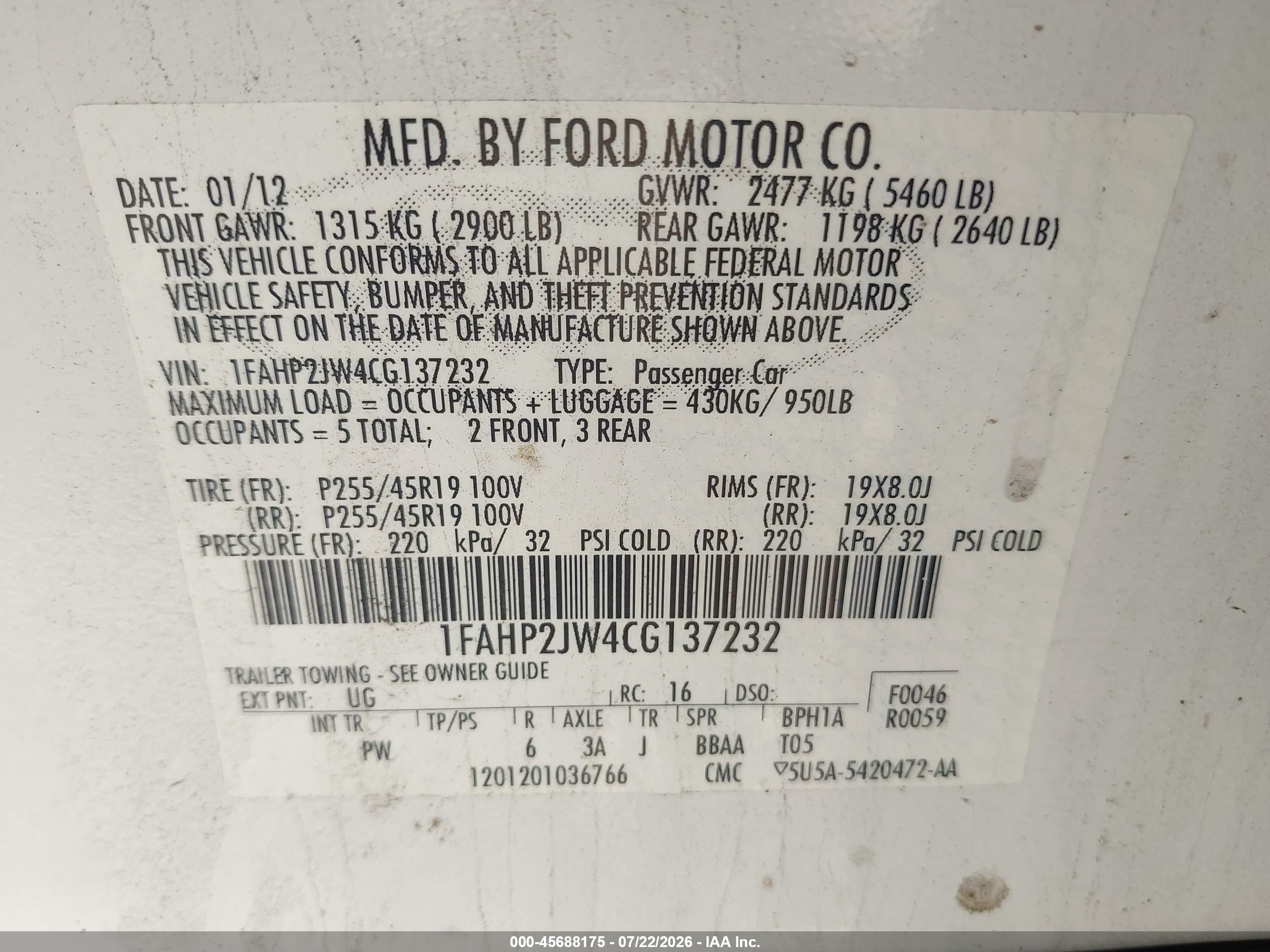 2012 Ford Taurus Limited White vin: 1FAHP2JW4CG137232