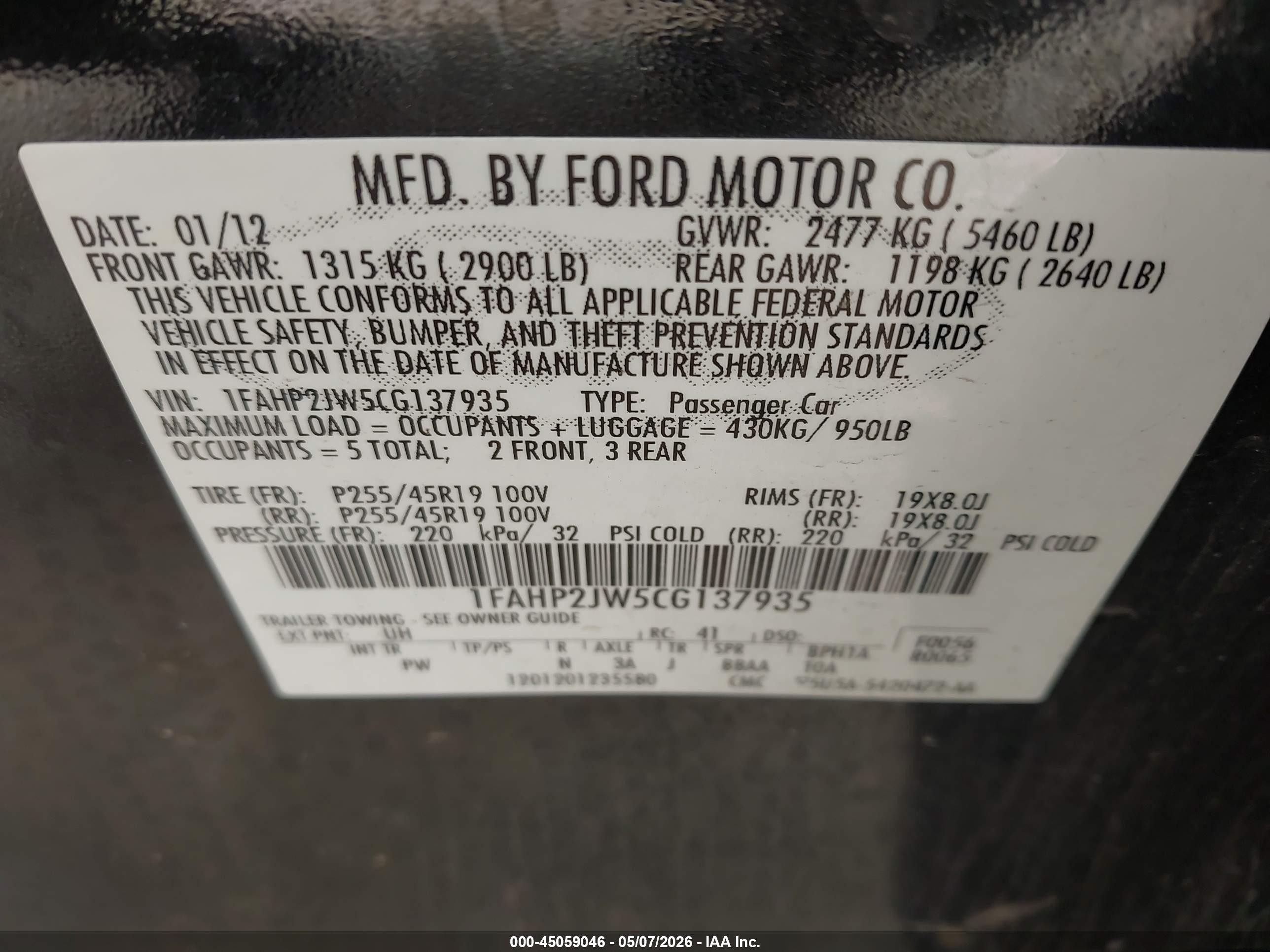 2012 Ford Taurus Limited Black vin: 1FAHP2JW5CG137935
