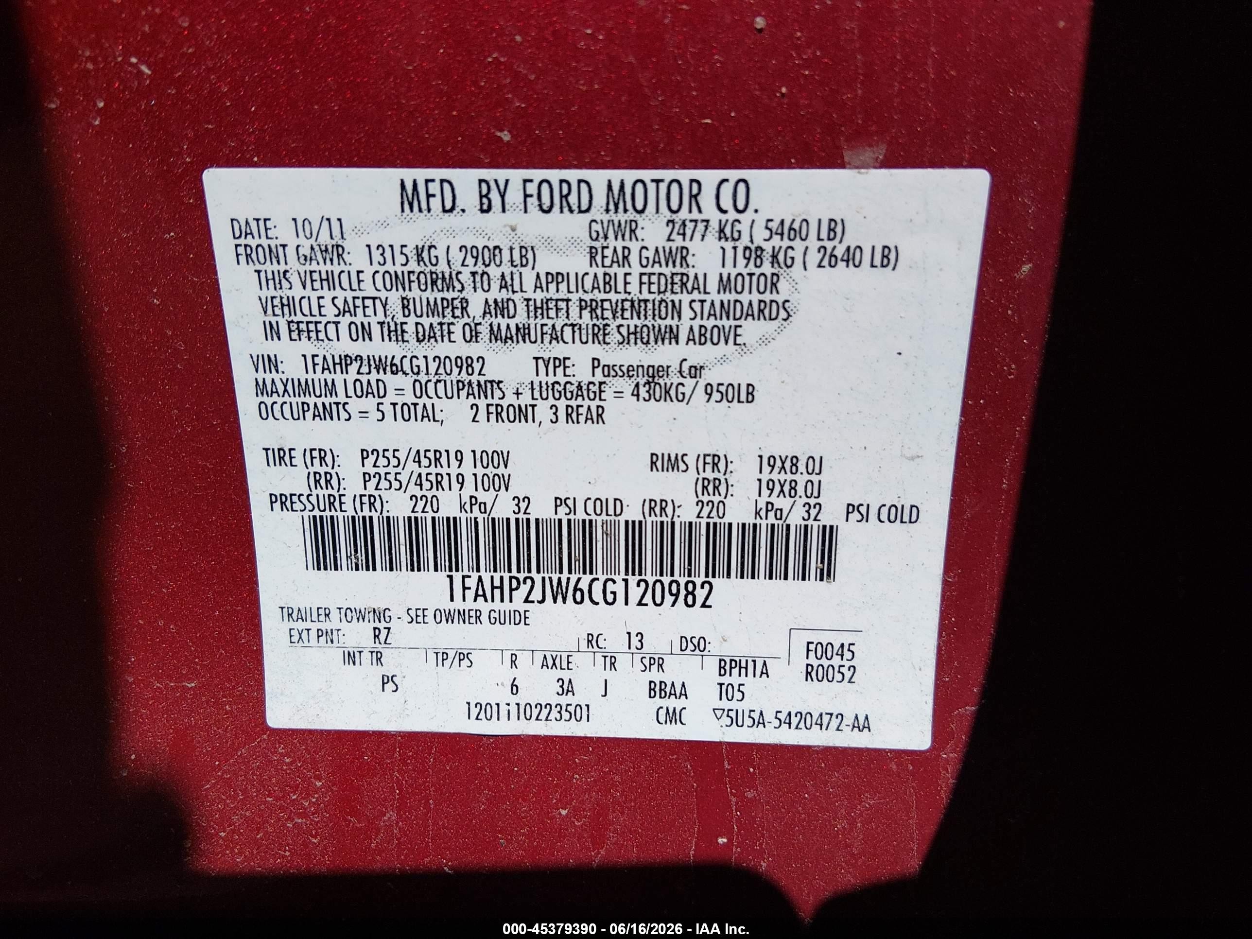 2012 Ford Taurus Limited Red vin: 1FAHP2JW6CG120982