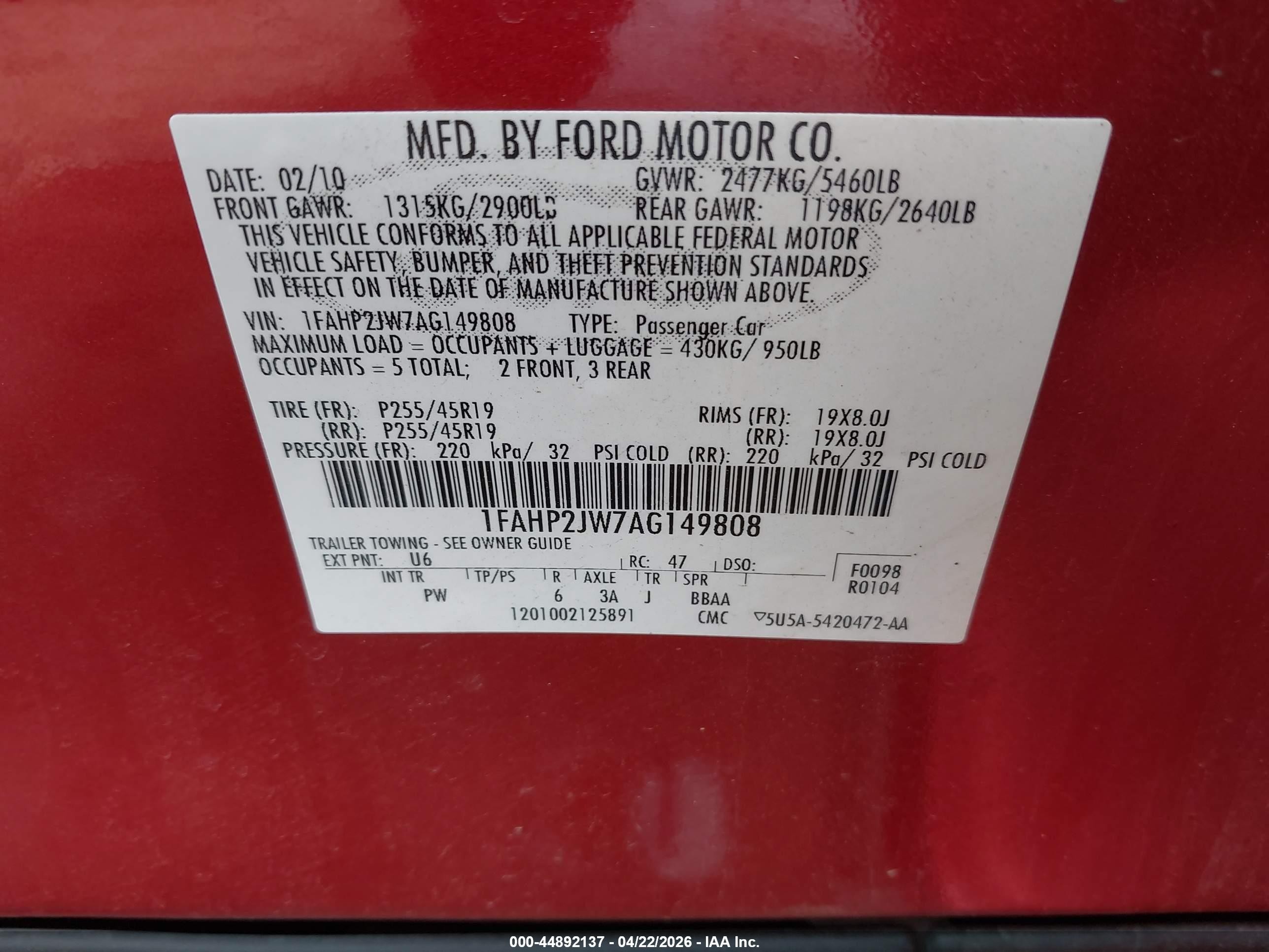 2010 Ford Taurus Limited Красный vin: 1FAHP2JW7AG149808