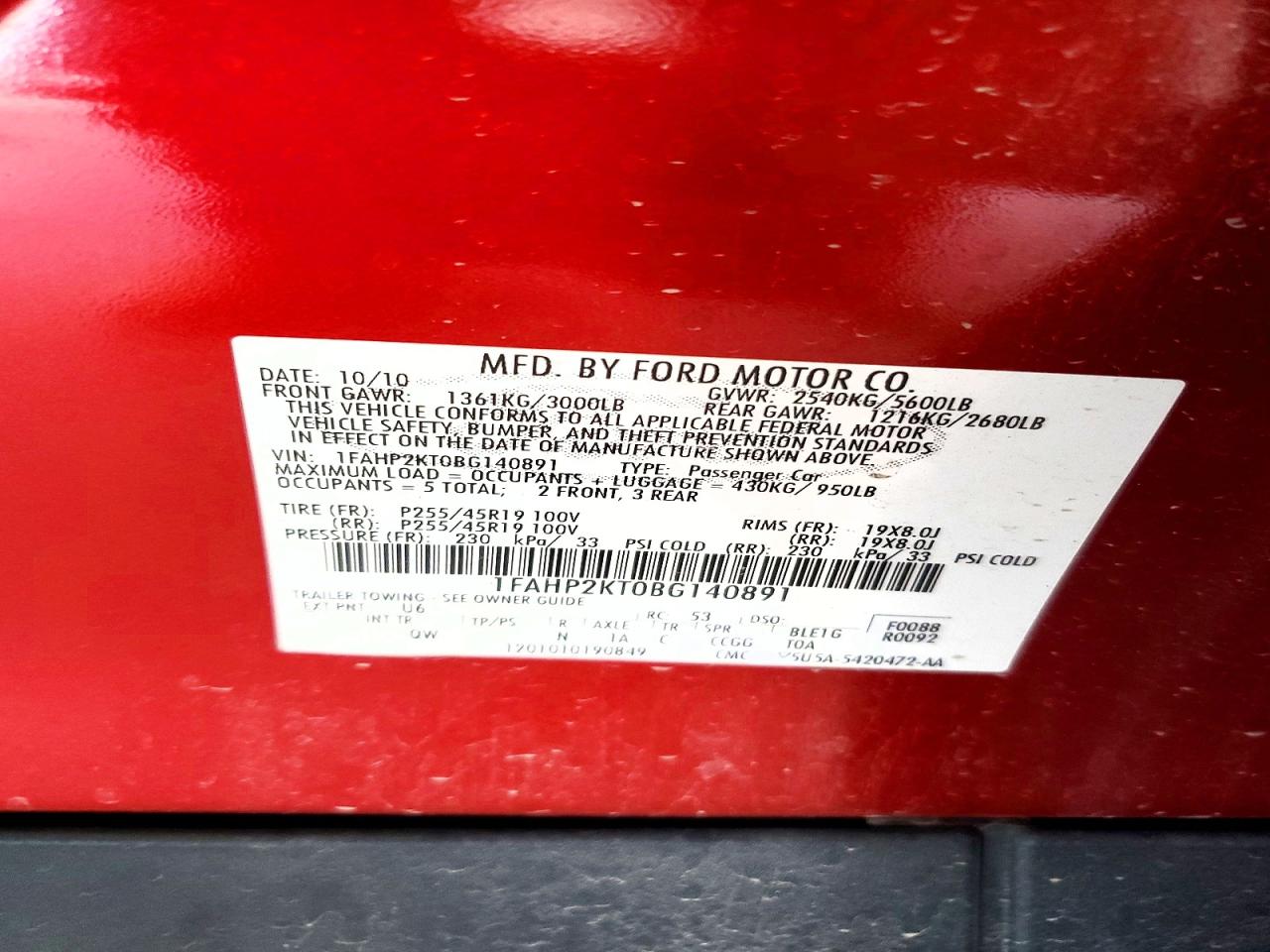 2011 Ford Taurus Sho Red vin: 1FAHP2KT0BG140891