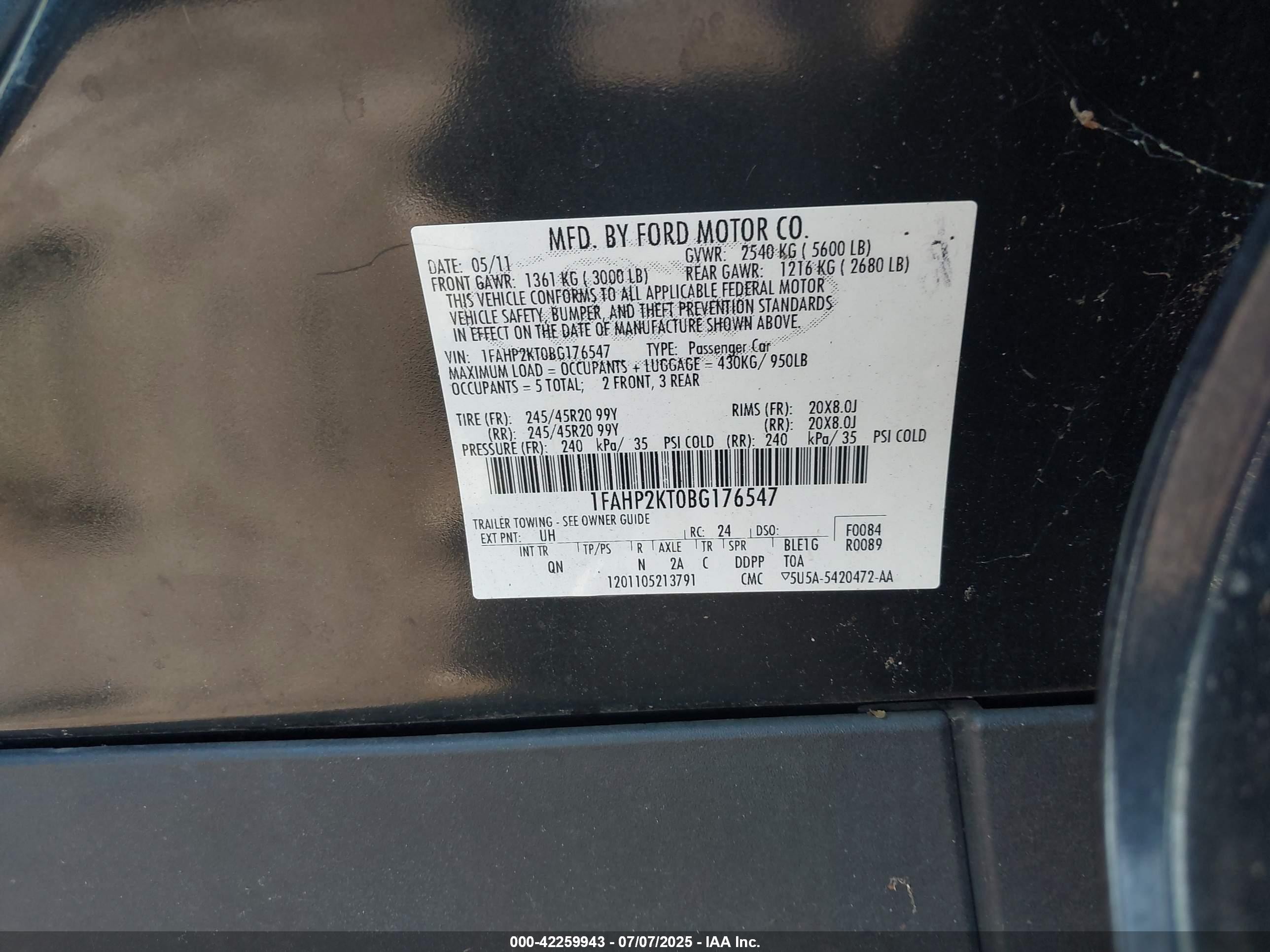 2011 Ford Taurus Sho Black vin: 1FAHP2KT0BG176547