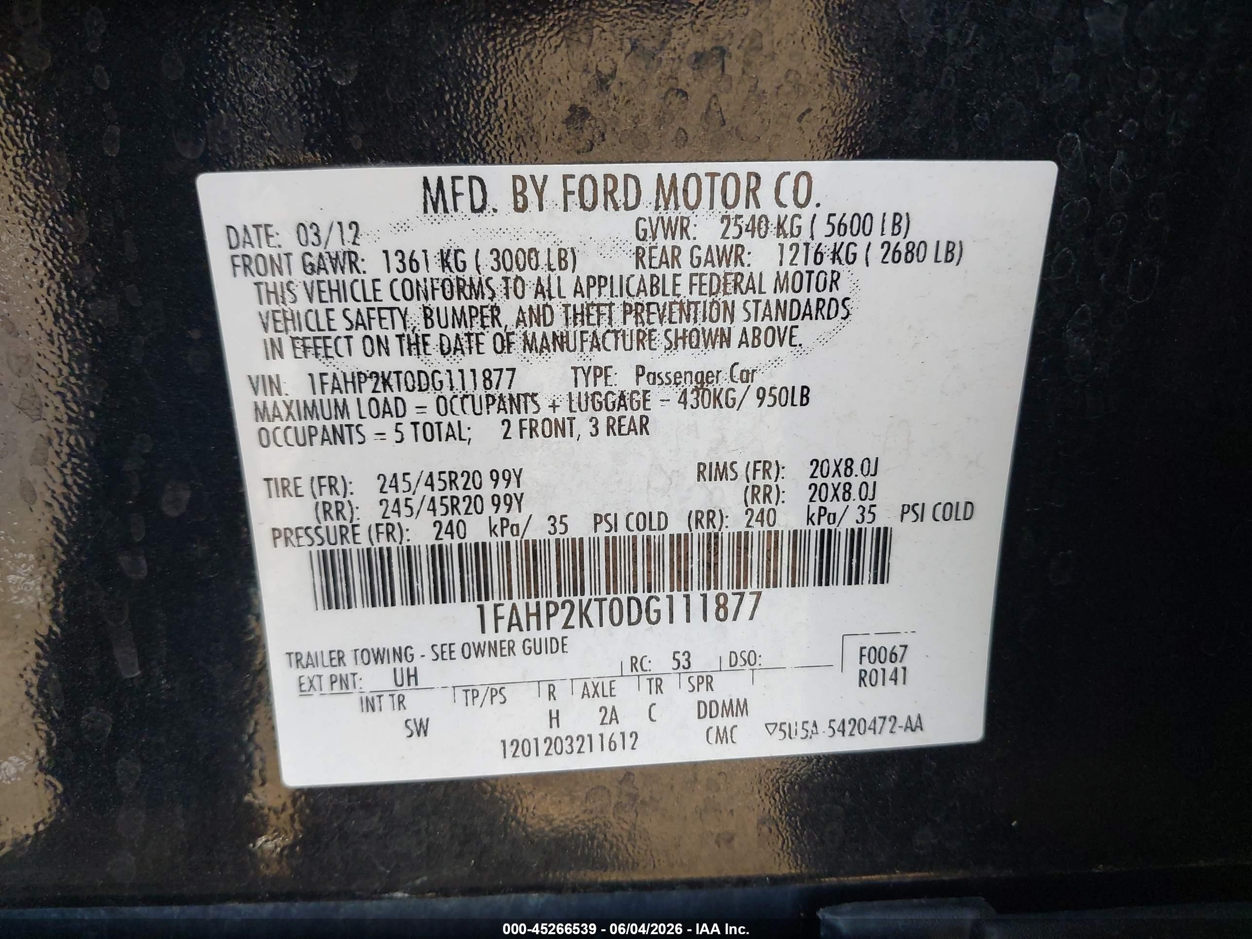 2013 Ford Taurus Sho Black vin: 1FAHP2KT0DG111877