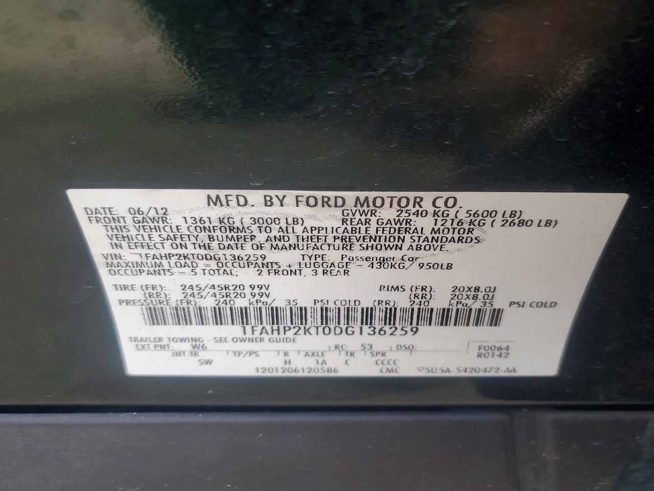 2011 Ford Taurus Sho Green vin: 1FAHP2KT0DG136259