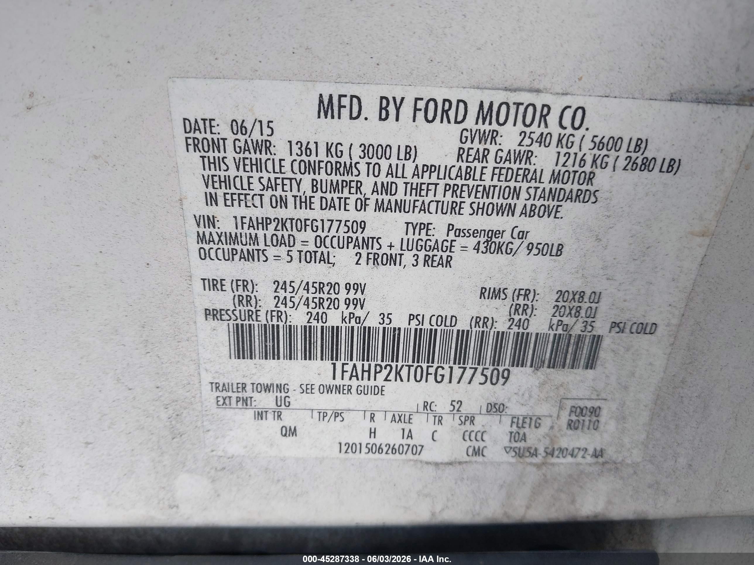 2015 Ford Taurus Sho White vin: 1FAHP2KT0FG177509