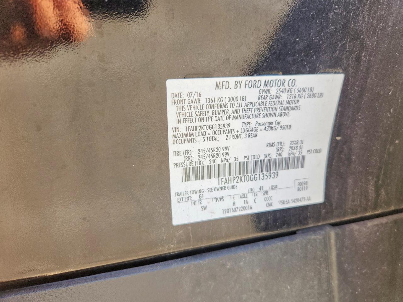 2016 Ford Taurus Sho Черный vin: 1FAHP2KT0GG135939