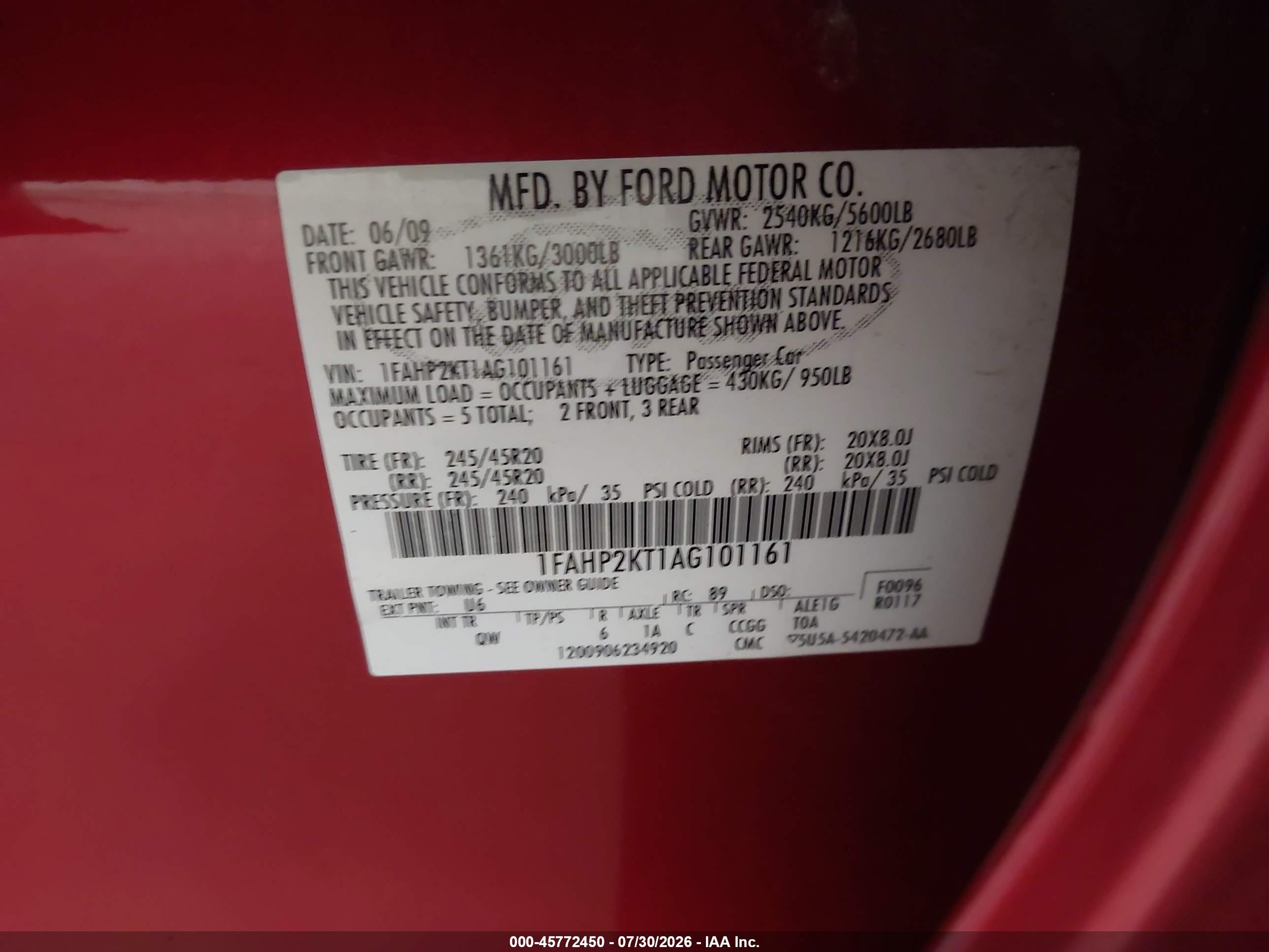 2010 Ford Taurus Sho Красный vin: 1FAHP2KT1AG101161