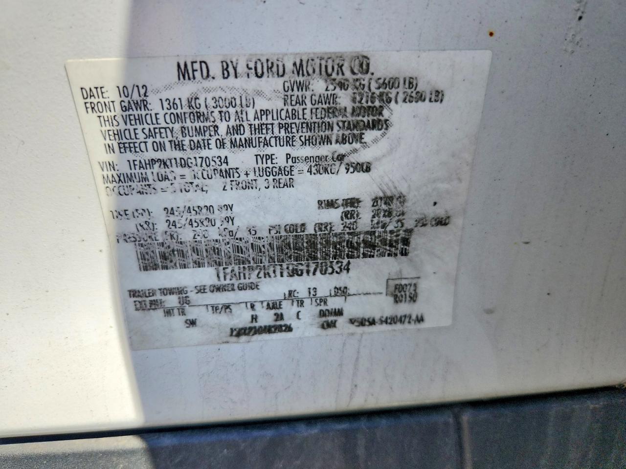 2013 Ford Taurus Sho White vin: 1FAHP2KT1DG170534