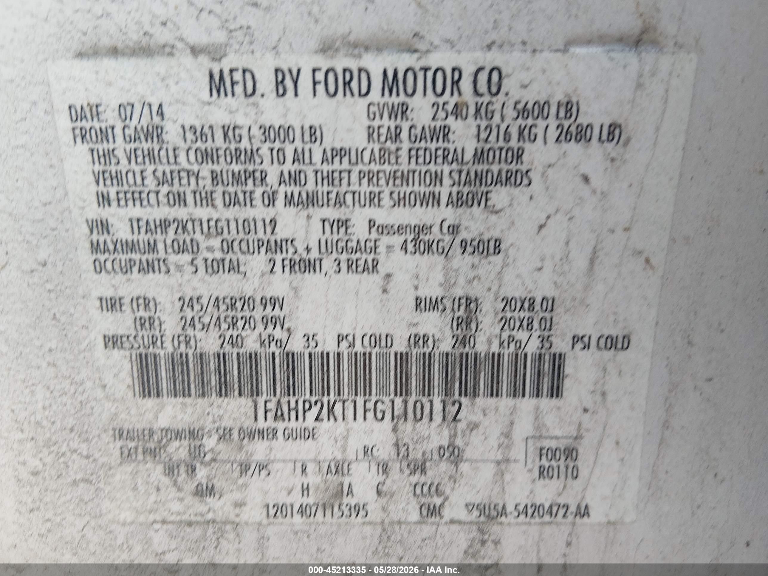 2015 Ford Taurus Sho White vin: 1FAHP2KT1FG110112