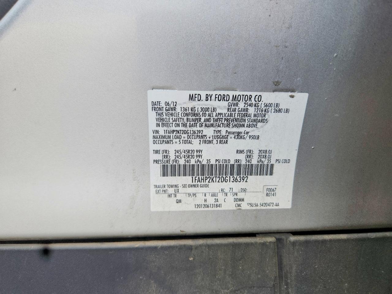 2013 Ford Taurus Sho Silver vin: 1FAHP2KT2DG136392